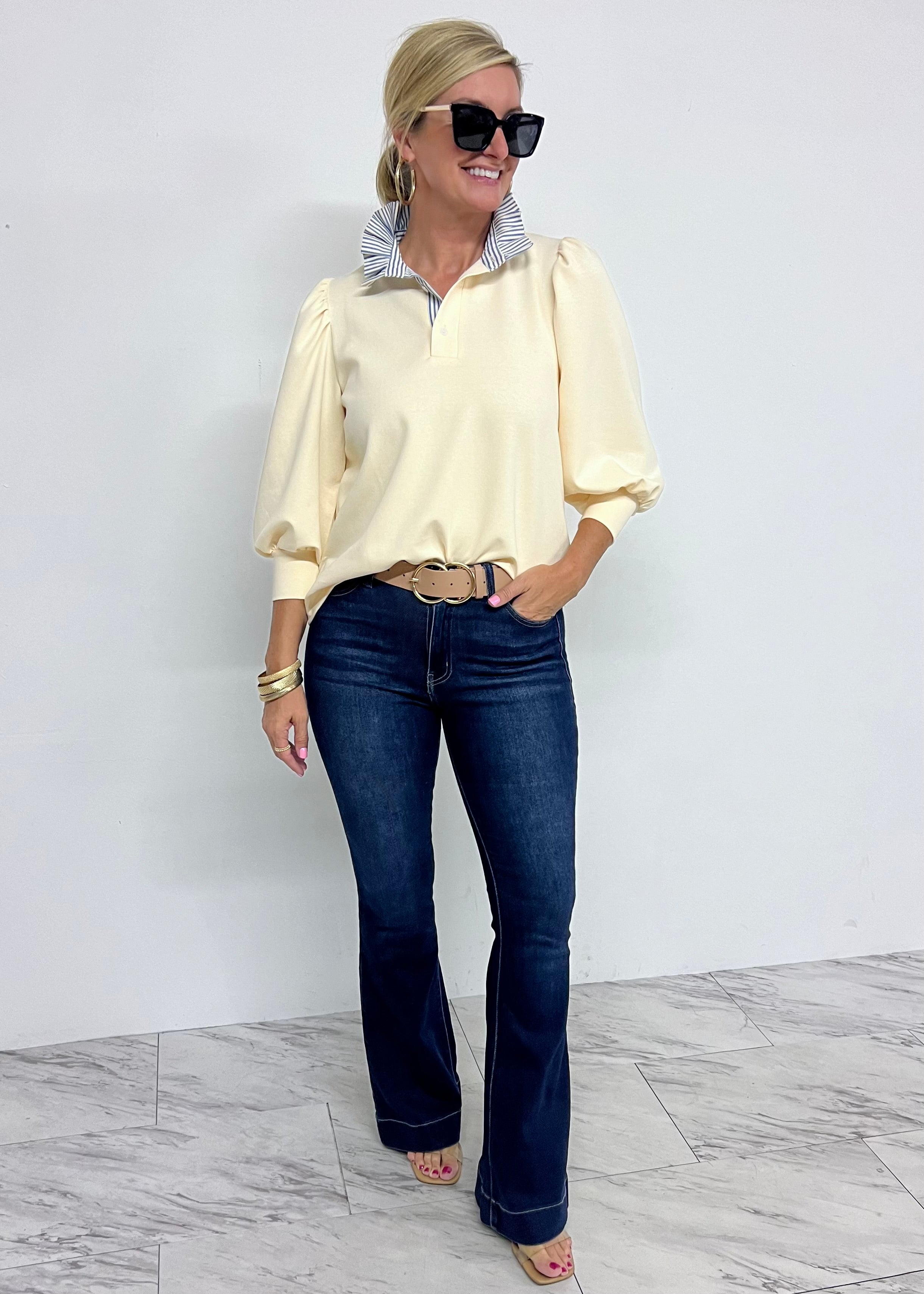 Sylvie Stripe Collar Top (Cream) – shop chartreuse