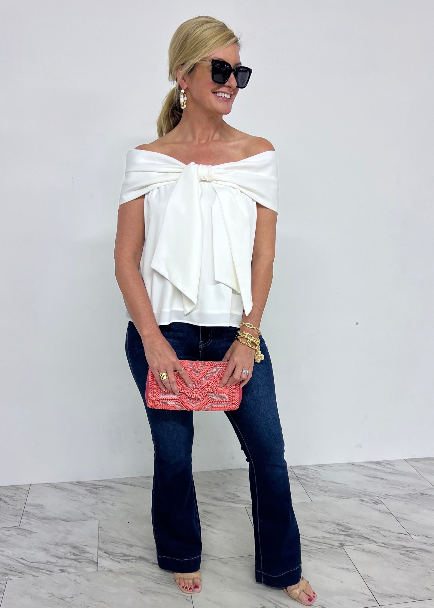 Mika Bow Off The Shoulder Top (White)-FINAL SALE