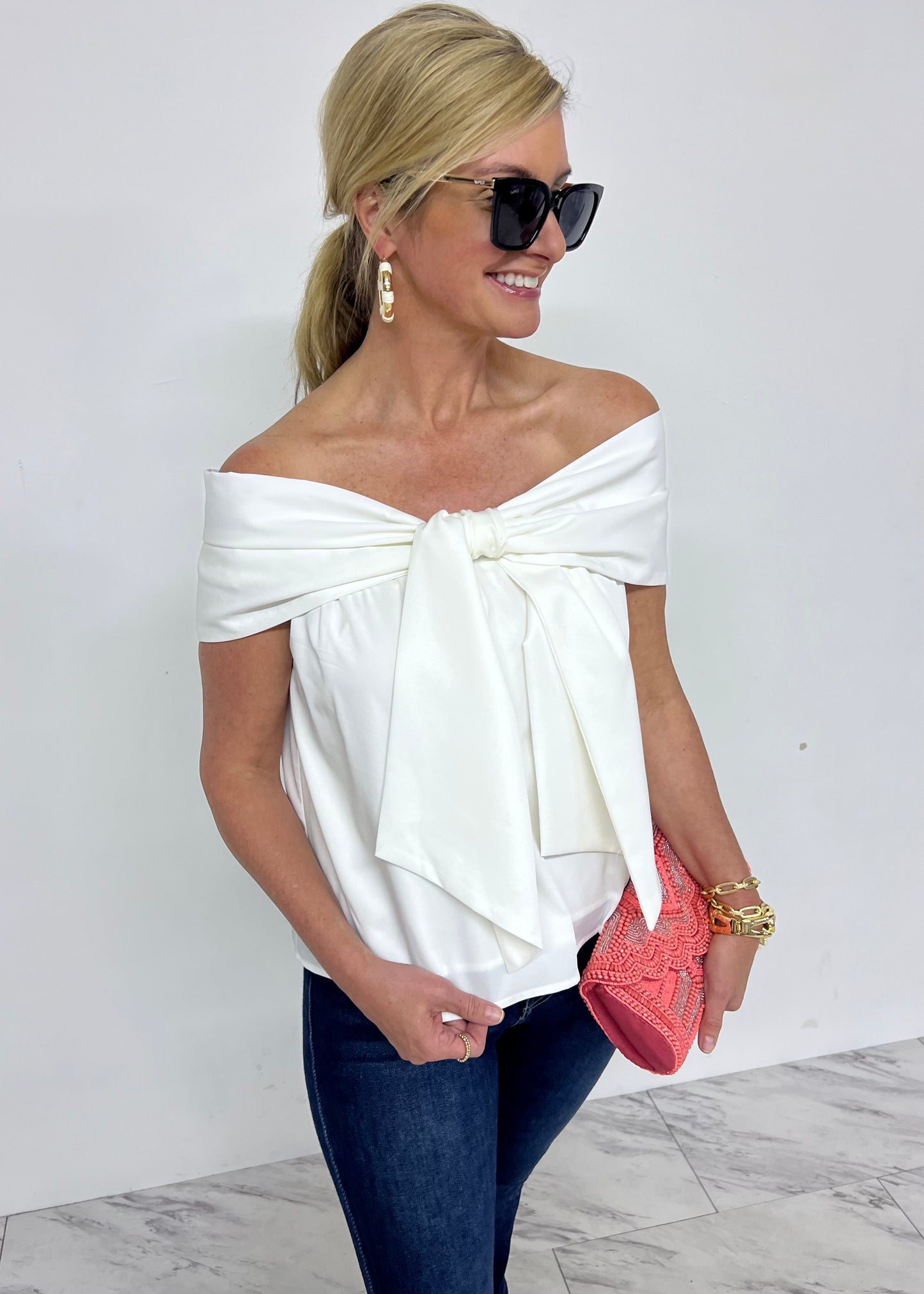 Mika Bow Off The Shoulder Top (White)-FINAL SALE