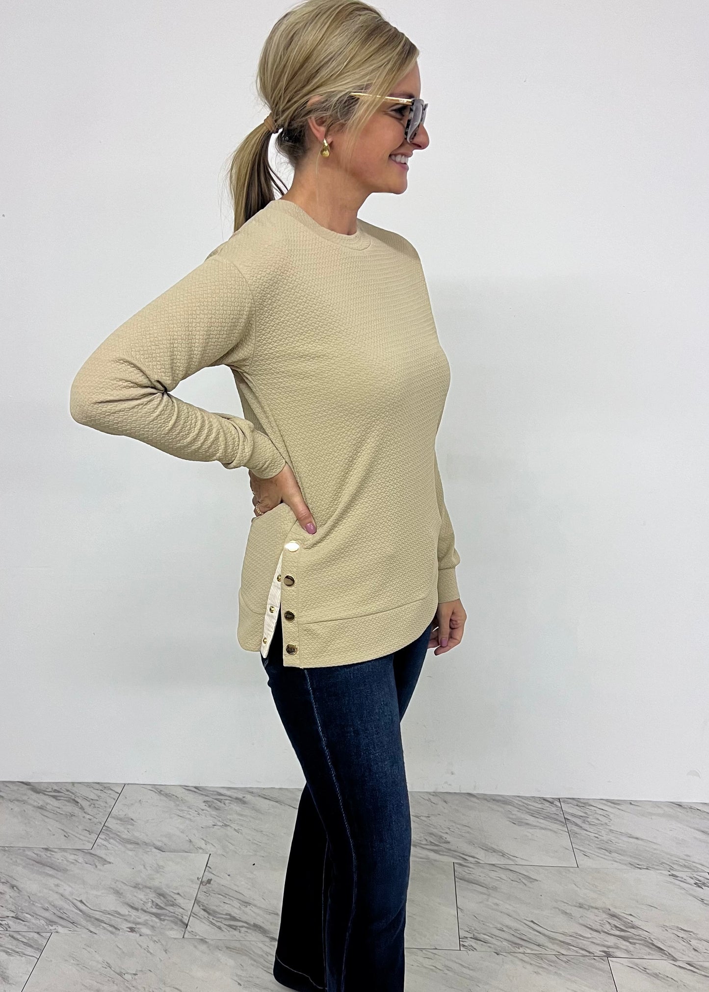 Georgia Gold Button Top (Taupe) - FINAL SALE