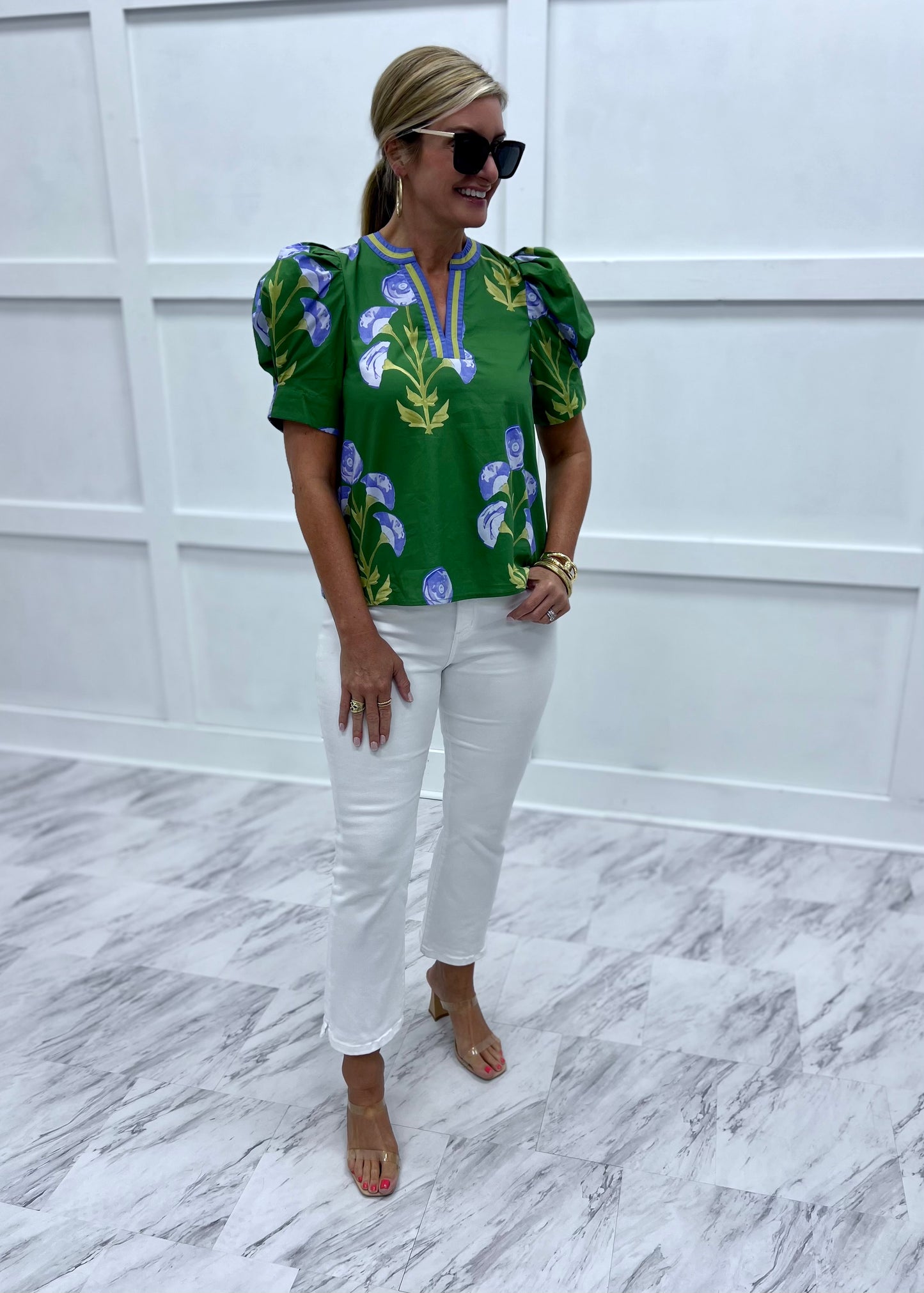 Poppy Flower Puff Sleeve Top (Green)-FINAL SALE