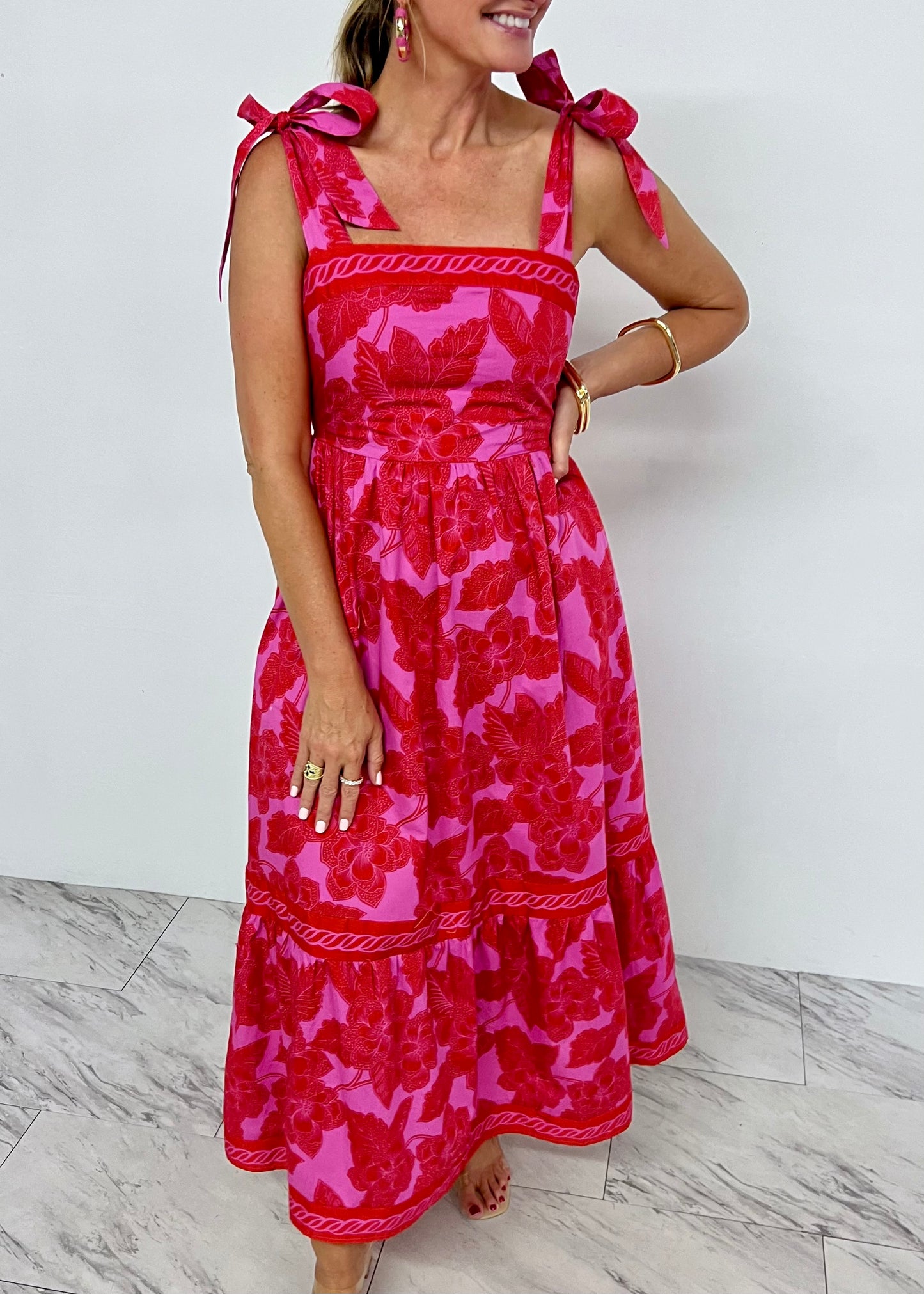 Scarlett Red + Pink Tie Shoulder Dress-FINAL SALE