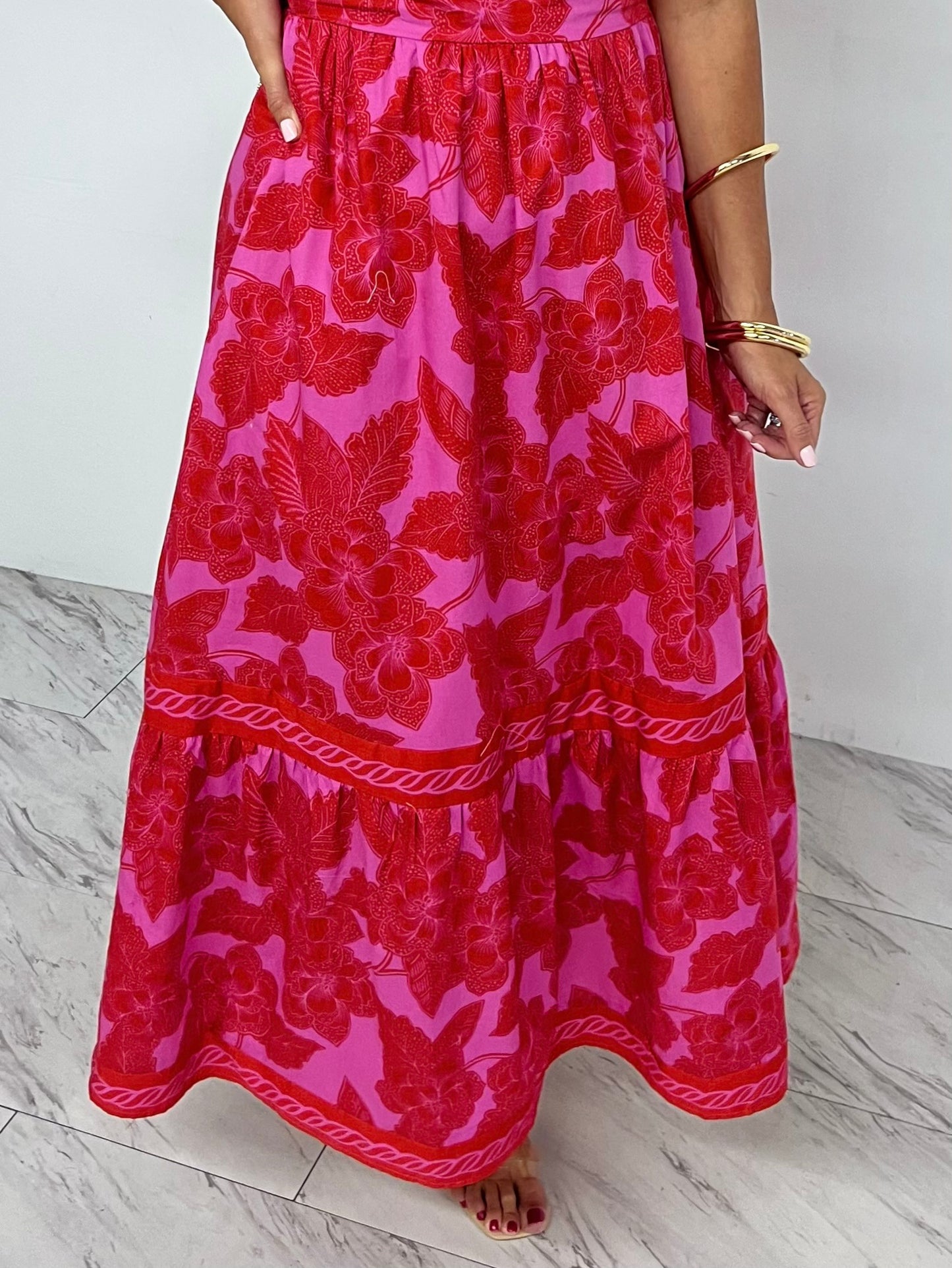 Scarlett Red + Pink Tie Shoulder Dress-FINAL SALE