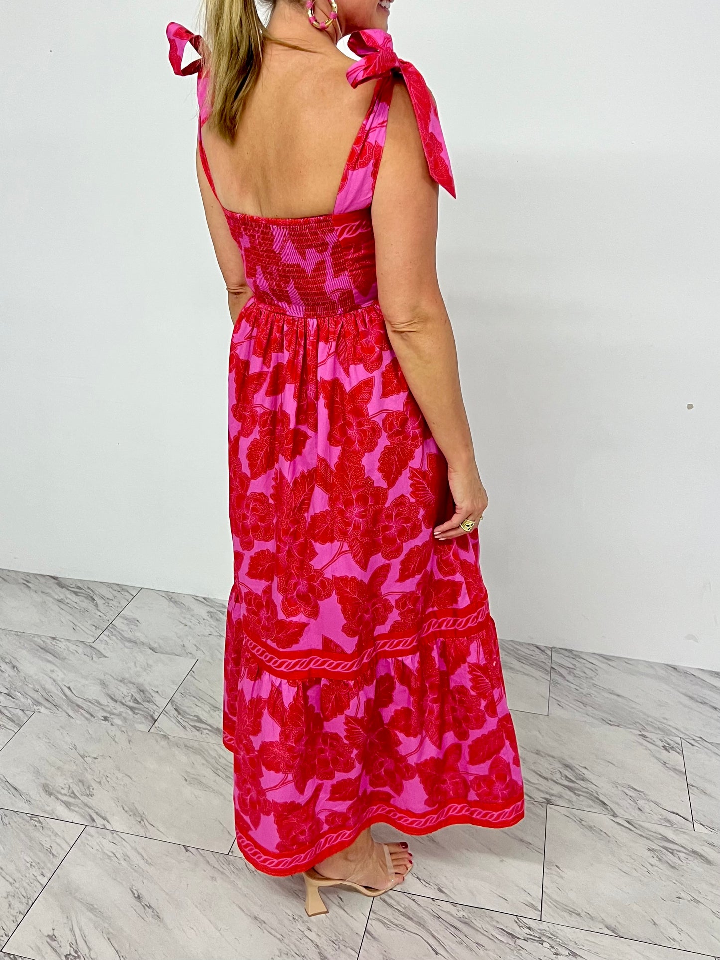 Scarlett Red + Pink Tie Shoulder Dress-FINAL SALE