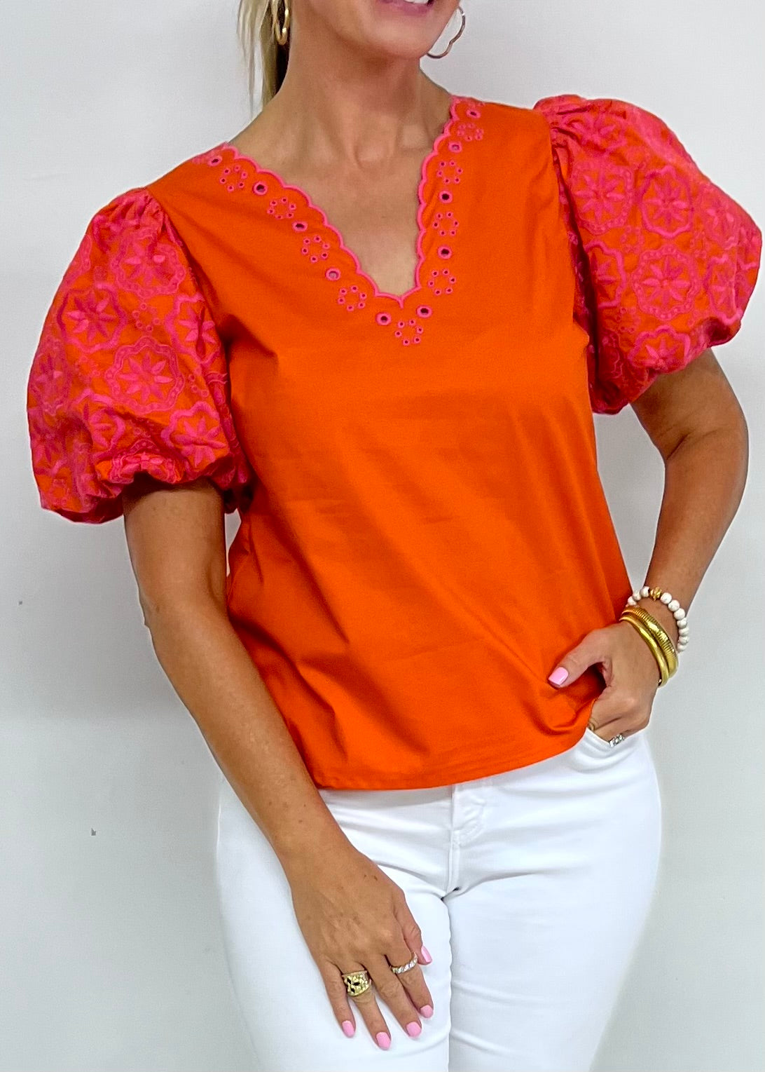 Roma Eyelet + Embroidered Puff Sleeve Top-FINAL SALE