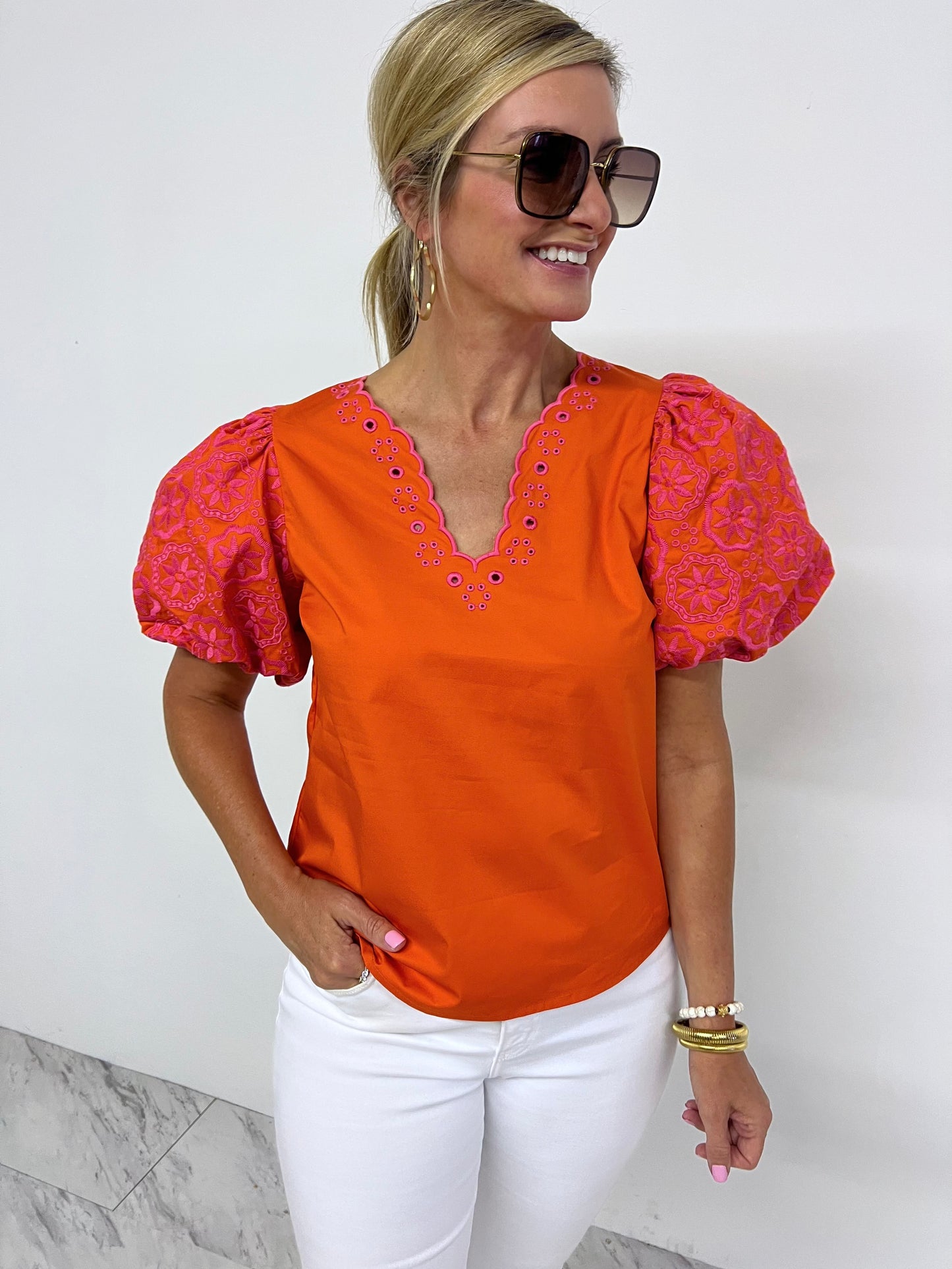 Roma Eyelet + Embroidered Puff Sleeve Top-FINAL SALE
