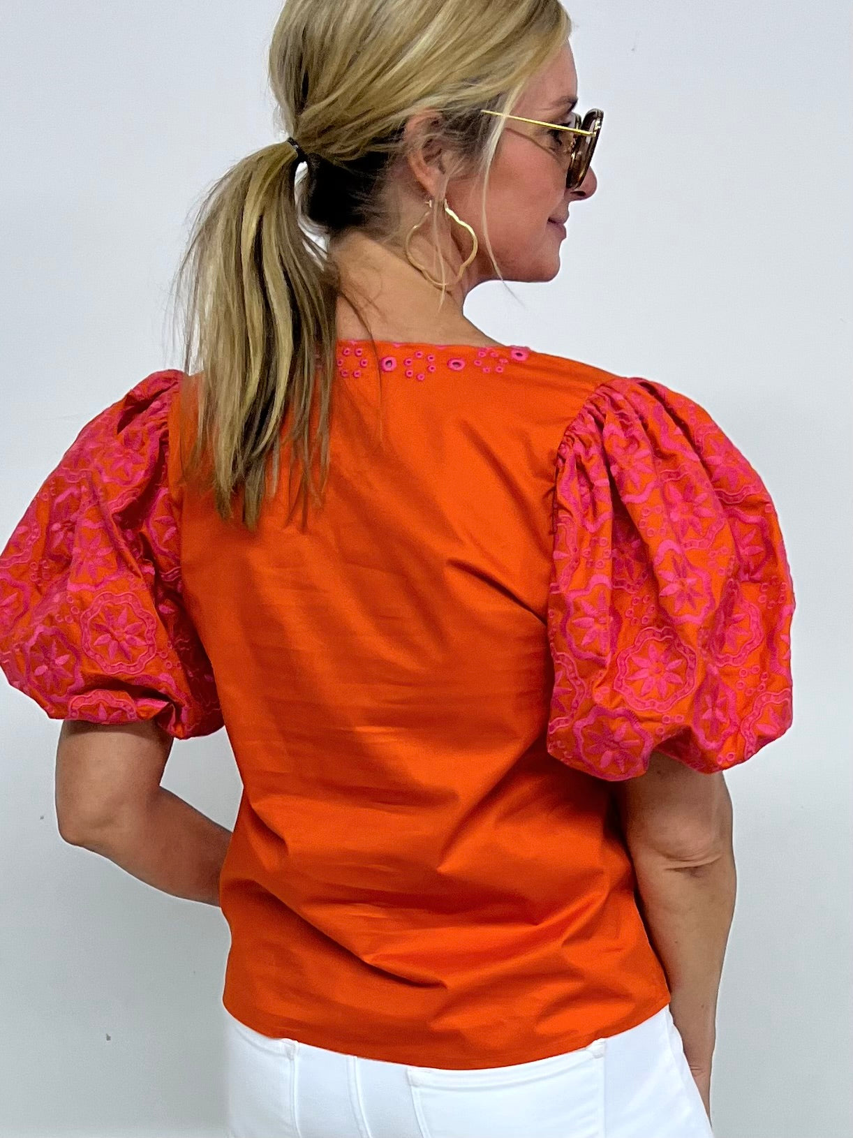Roma Eyelet + Embroidered Puff Sleeve Top-FINAL SALE
