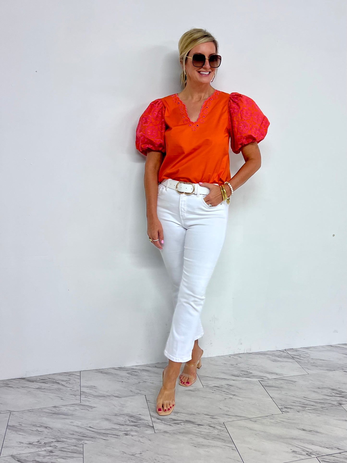 Roma Eyelet + Embroidered Puff Sleeve Top-FINAL SALE