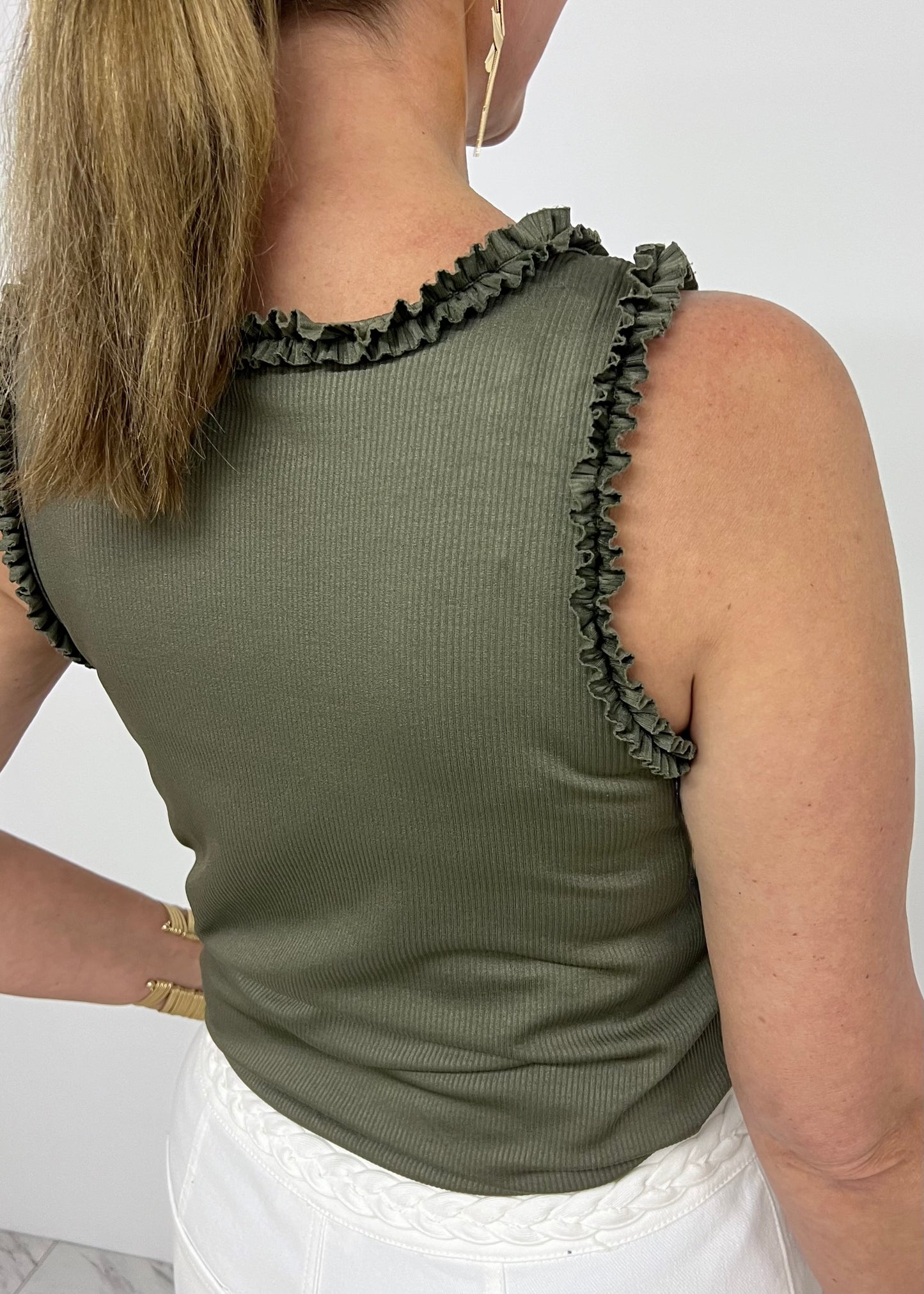 Regan Ruffle Tank Top (Olive)-FINAL SALE
