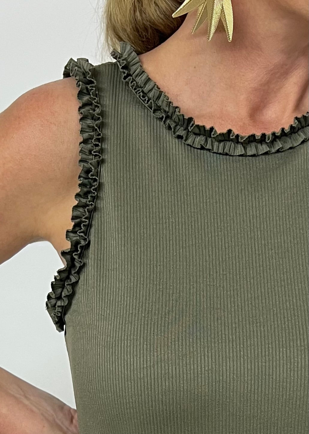 Regan Ruffle Tank Top (Olive)-FINAL SALE