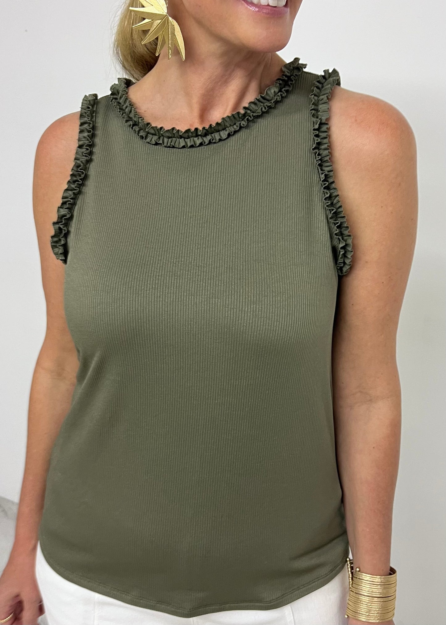 Regan Ruffle Tank Top (Olive)-FINAL SALE