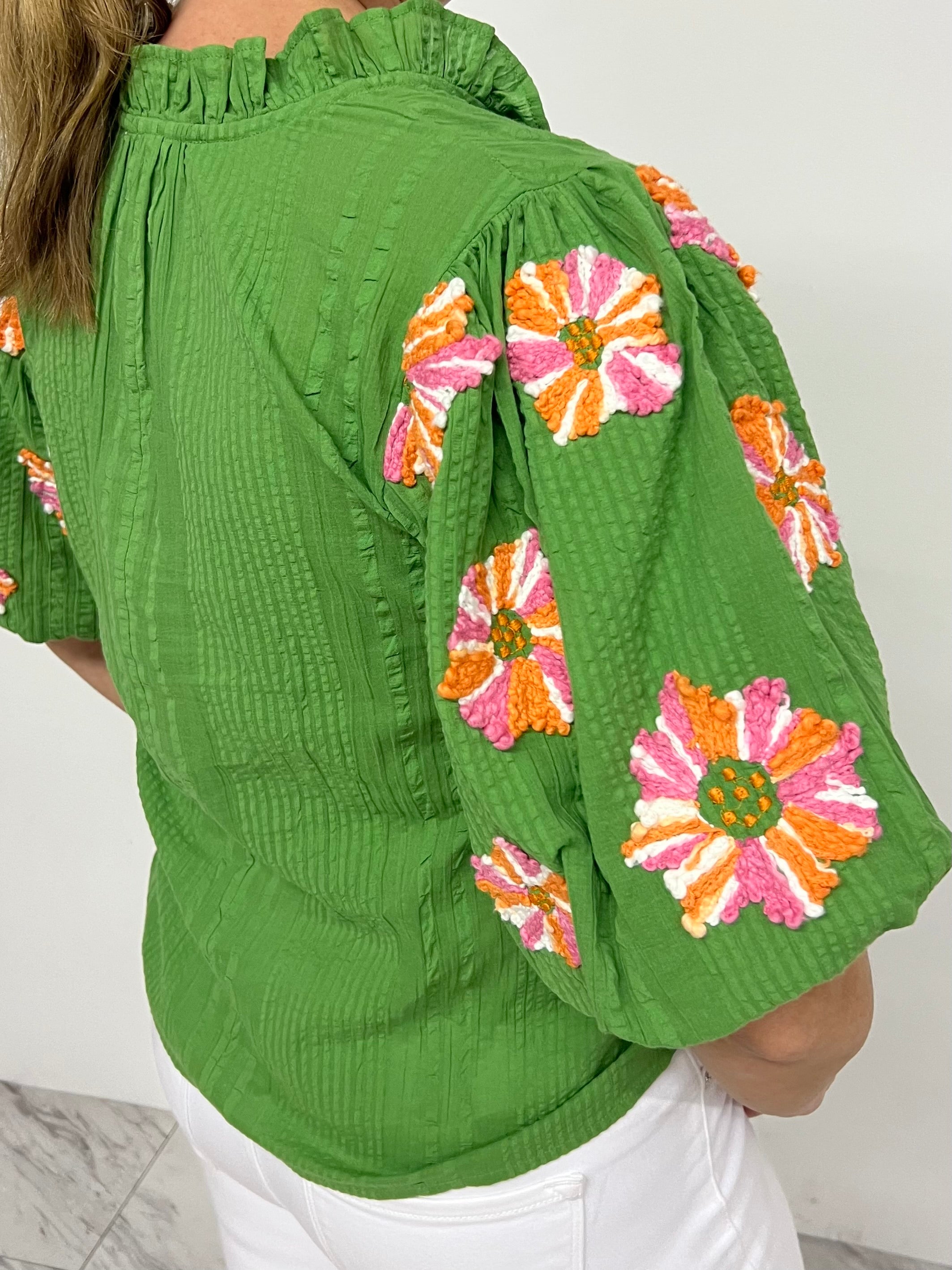 Samara Embroidered Puff Sleeve Top – shop chartreuse