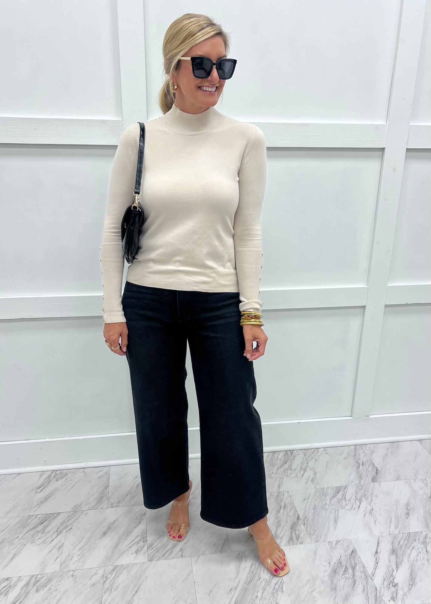 Veronica Beige + Button Sleeve Top