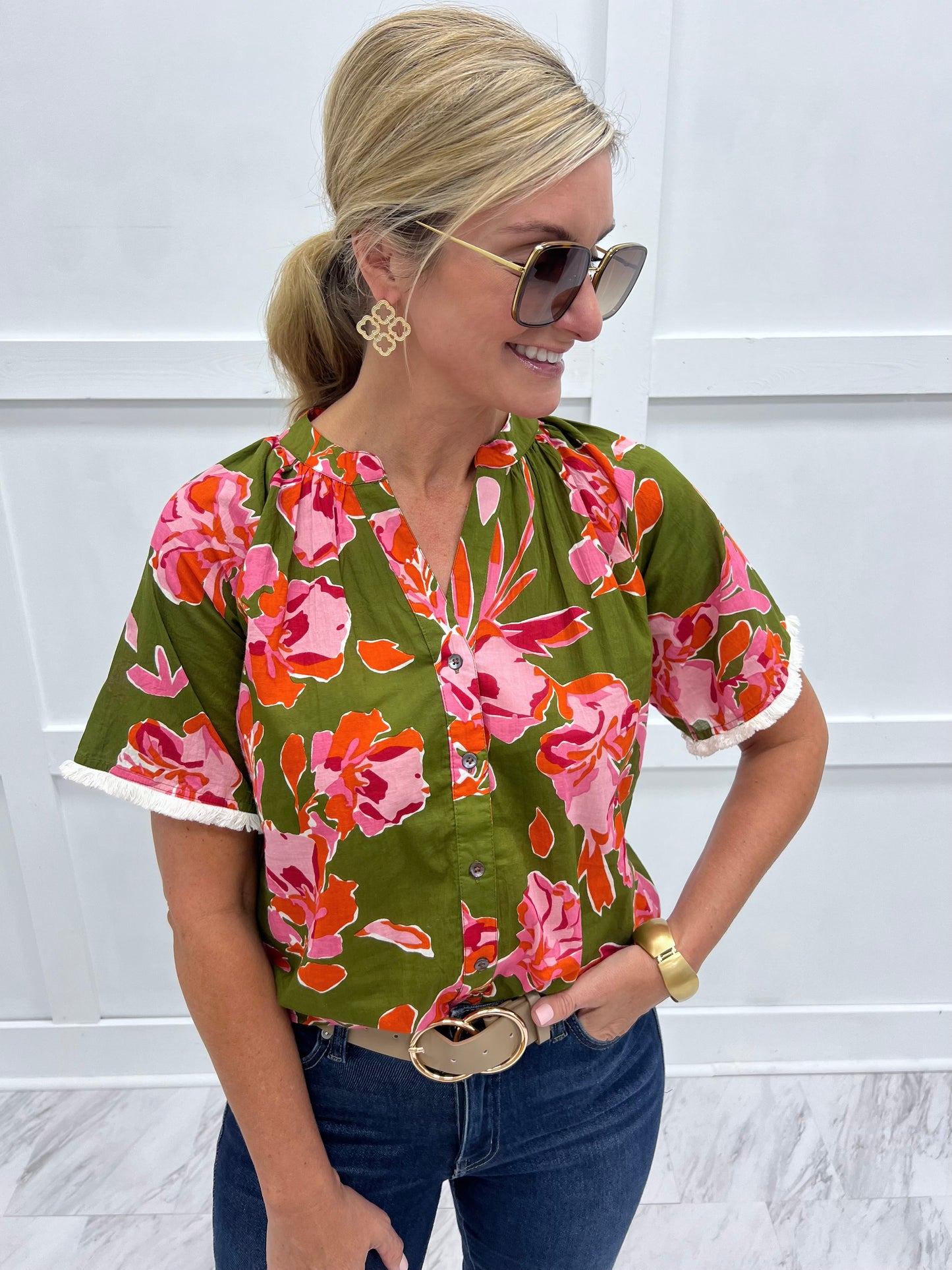 August Flower Button Front Top