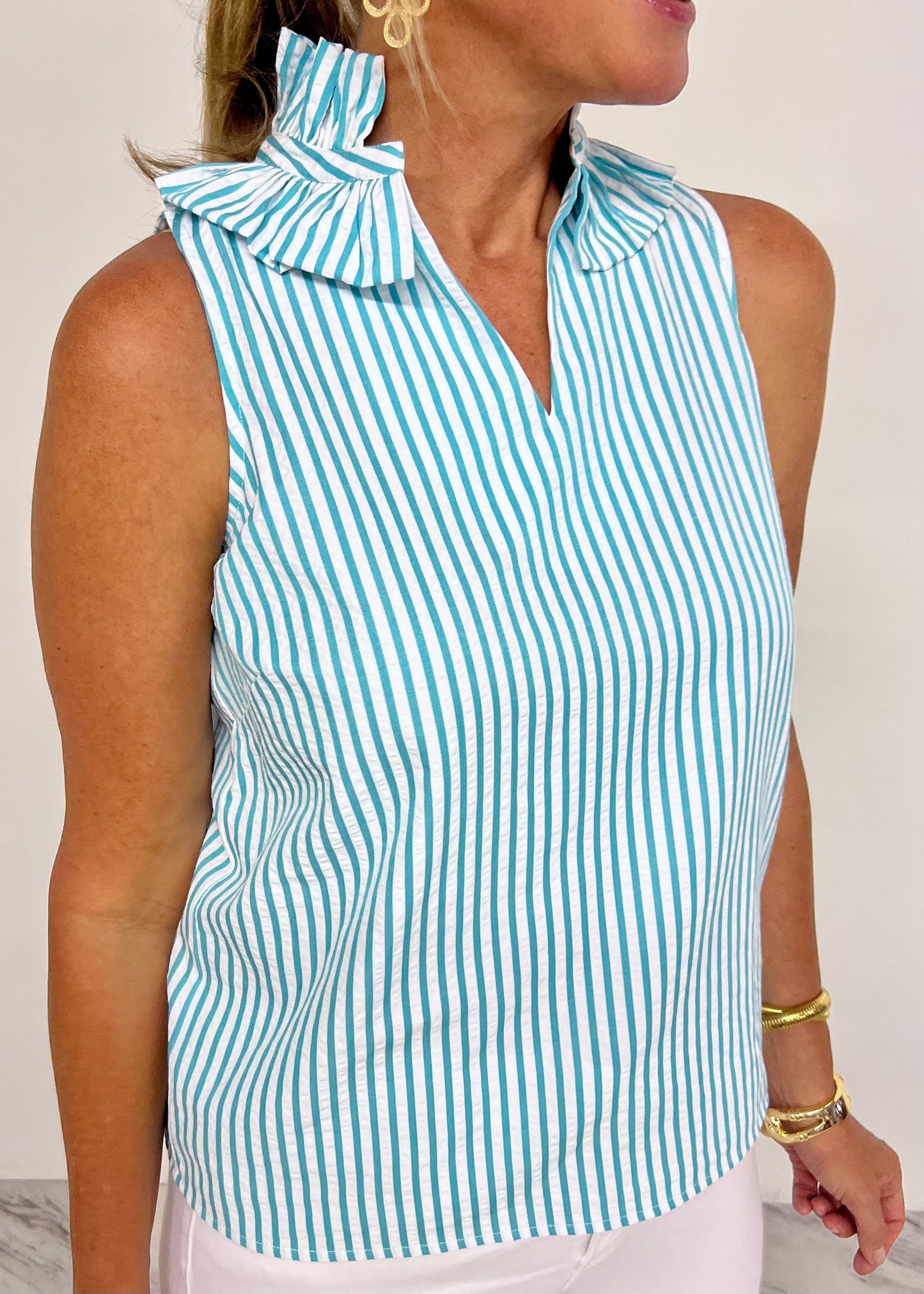 Tallulah Teal Stripe Ruffle Collar Top-FINAL SALE