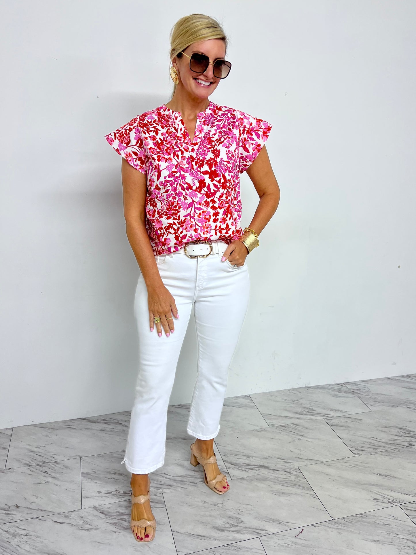 Quincy Red + Pink Flutter Sleeve Top-FINAL SALE
