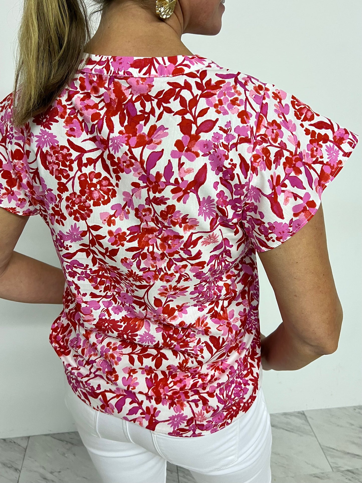 Quincy Red + Pink Flutter Sleeve Top-FINAL SALE