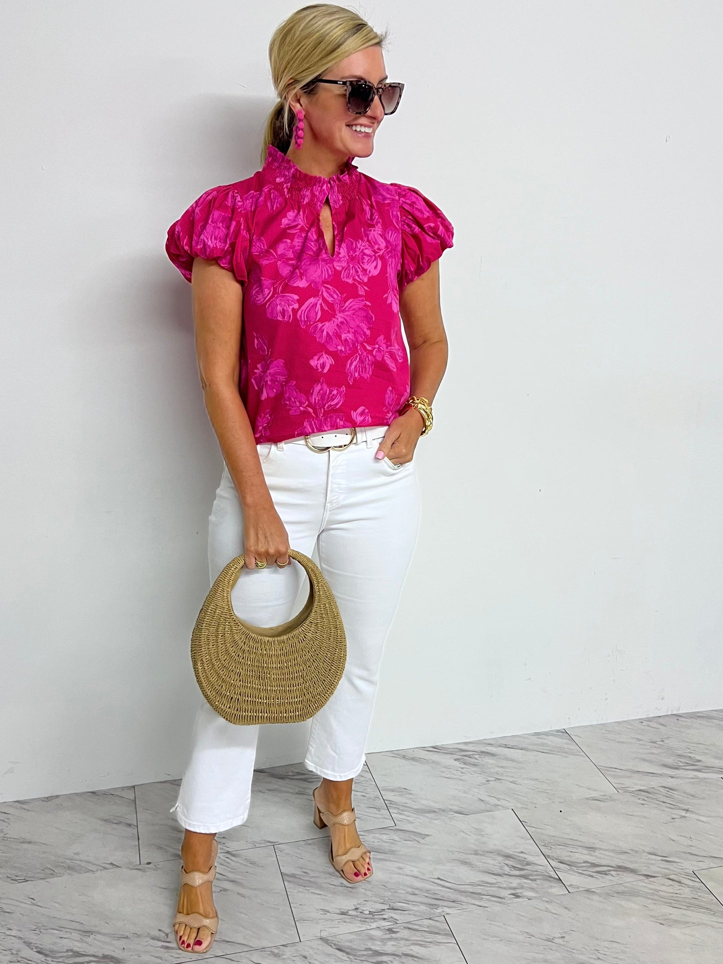 Velma Pink Floral Smocked Neck Top-FINAL SALE