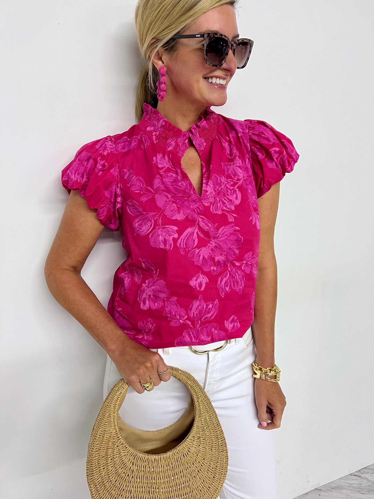 Velma Pink Floral Smocked Neck Top-FINAL SALE