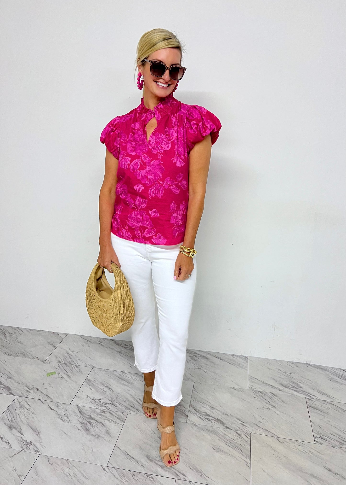 Velma Pink Floral Smocked Neck Top-FINAL SALE