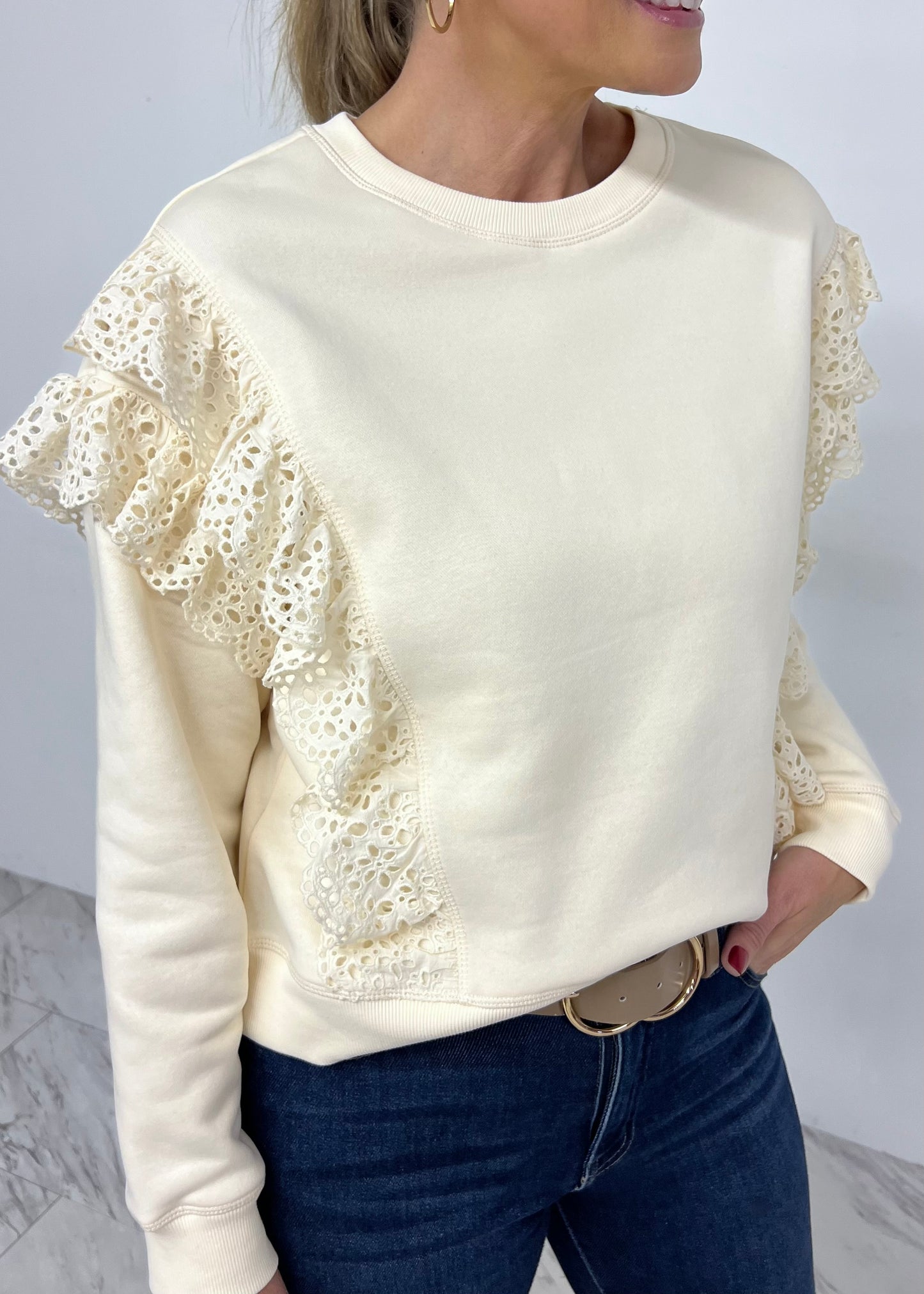 Merritt Eyelet Sweatshirt (Cream)-FINAL SALE