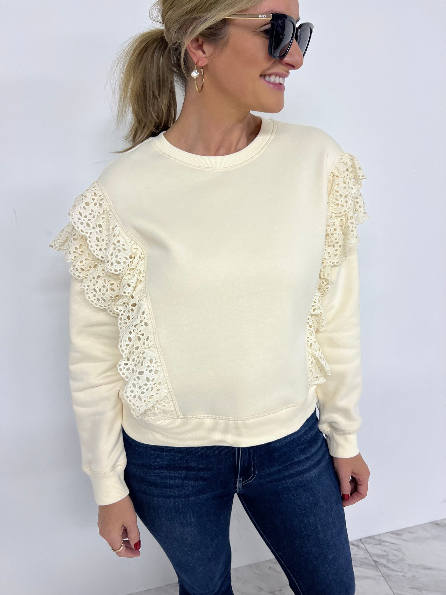 Merritt Eyelet Sweatshirt (Cream)-FINAL SALE