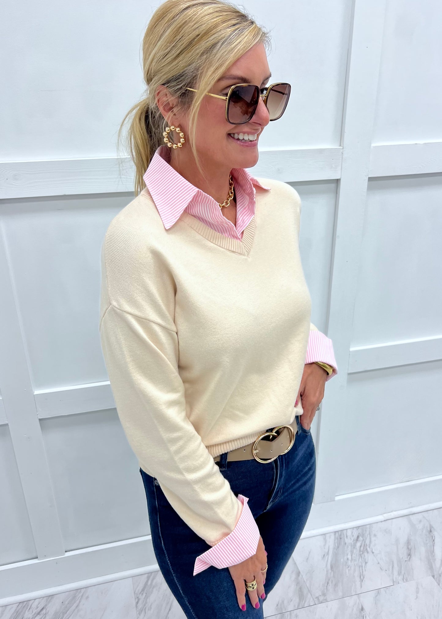 Perfectly Preppy Collar Sweater (Cream)