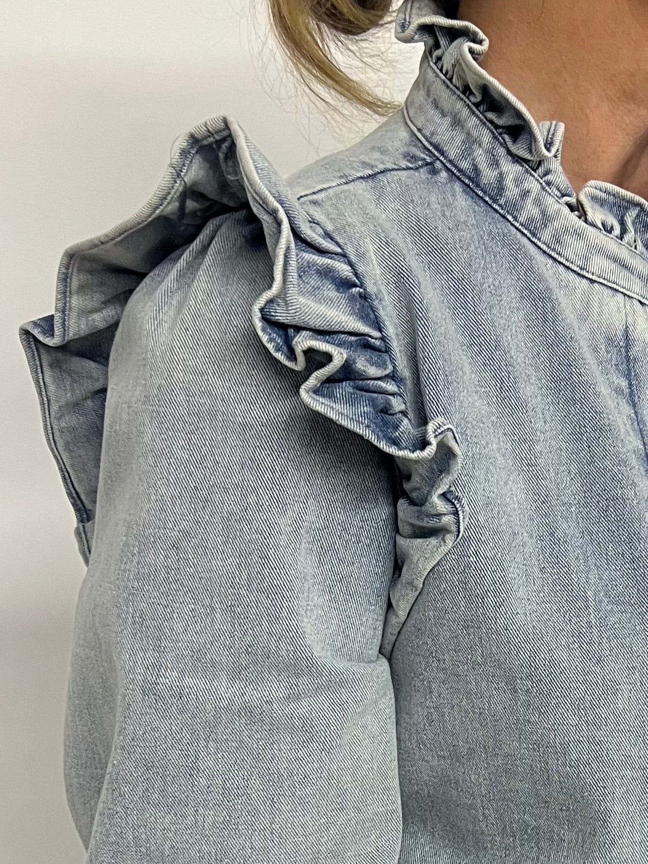MEER. COLLAR RUFFLES DENIM JACKET (ブルー) Ruffles And Thrills Denim Jacket - Denim | Three Bird Nest