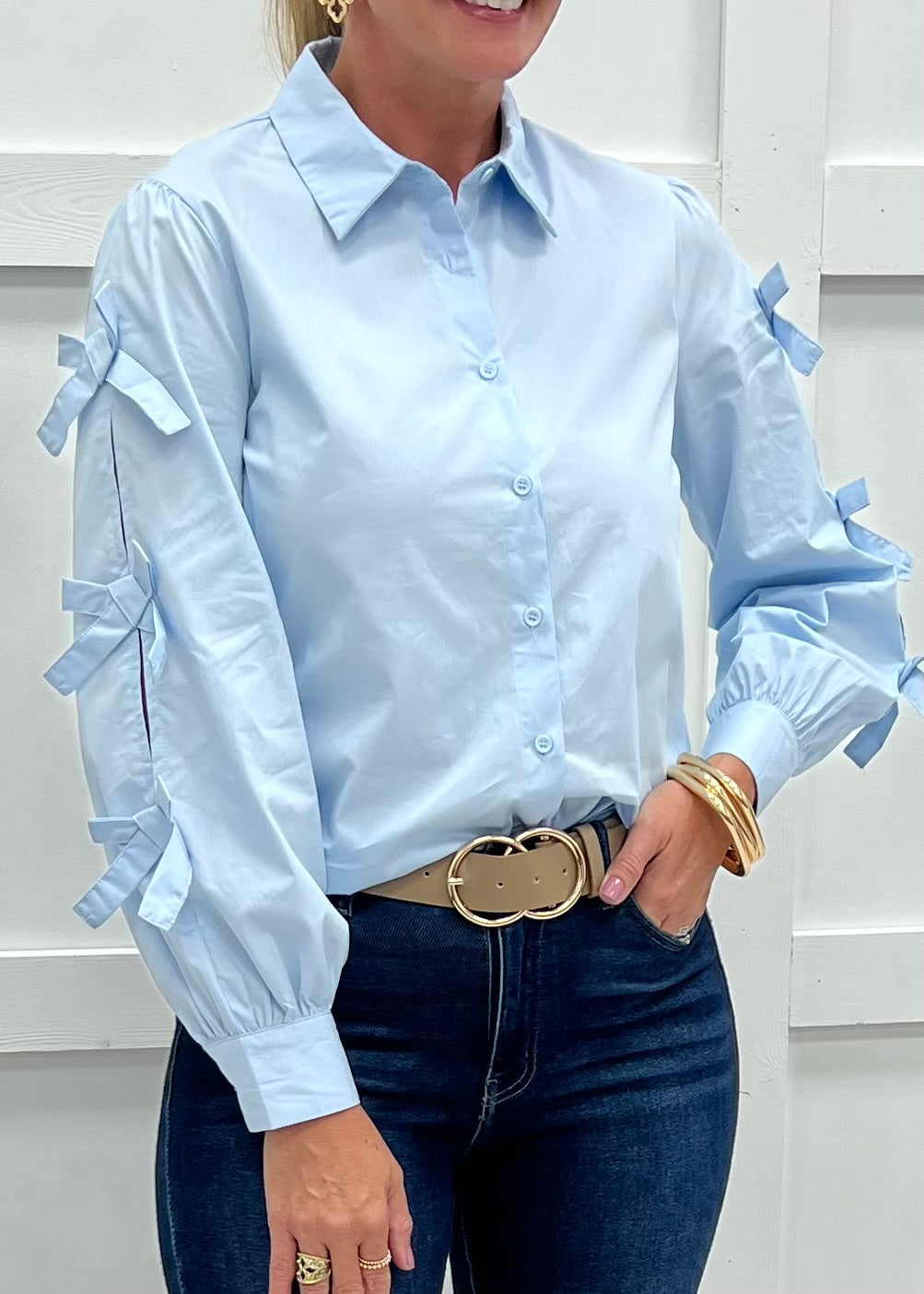 Oxford Bow Button Front Top (Blue)