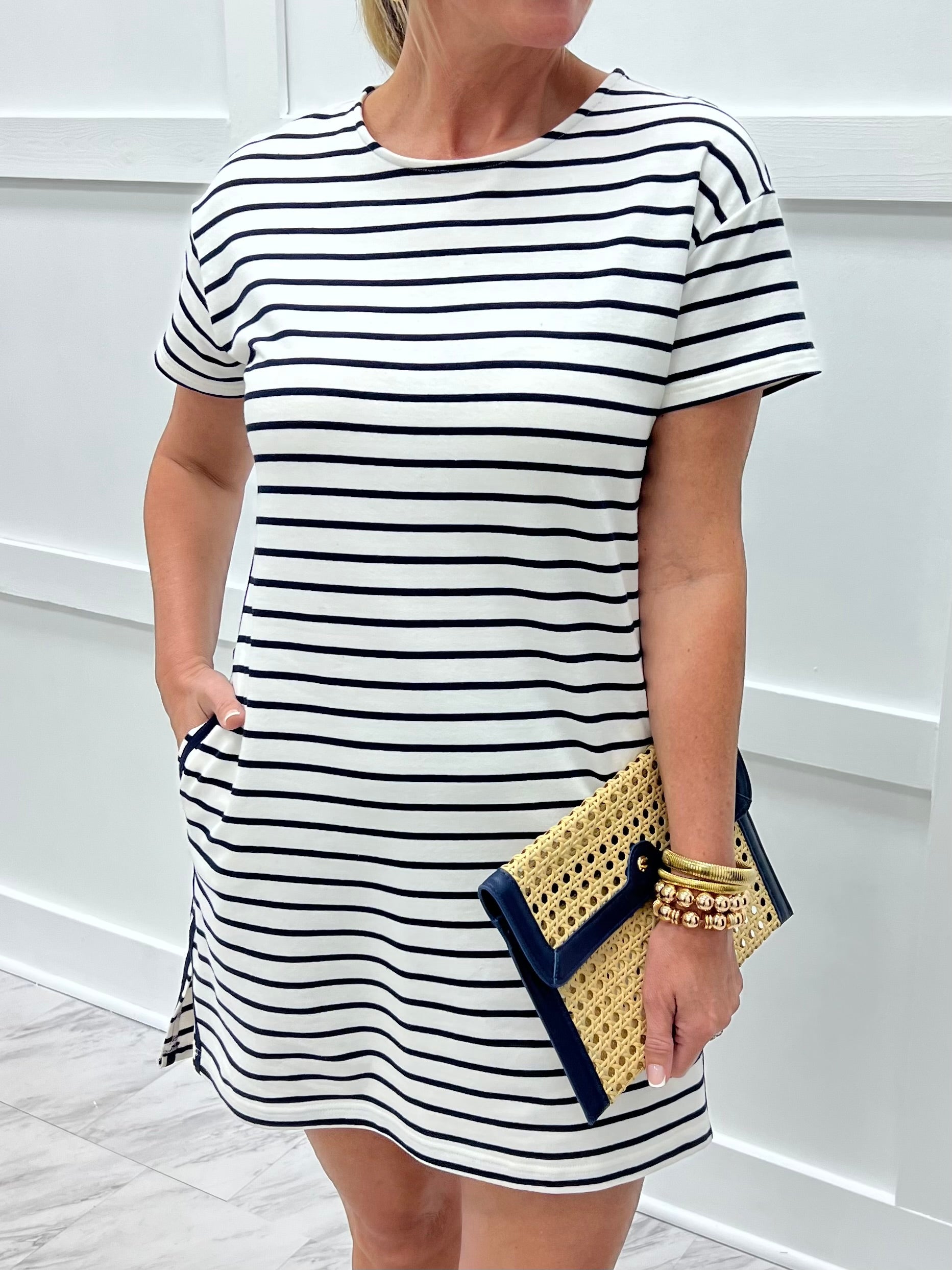 dresses for mother of groom CeCe Striped Dress (Navy Blue)-FINAL SALE – shop chartreuse
