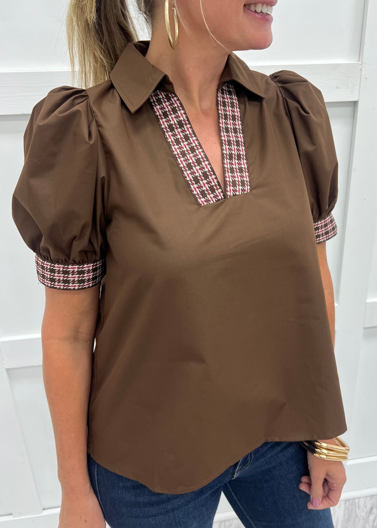 Everly Brown Plaid Detail Top