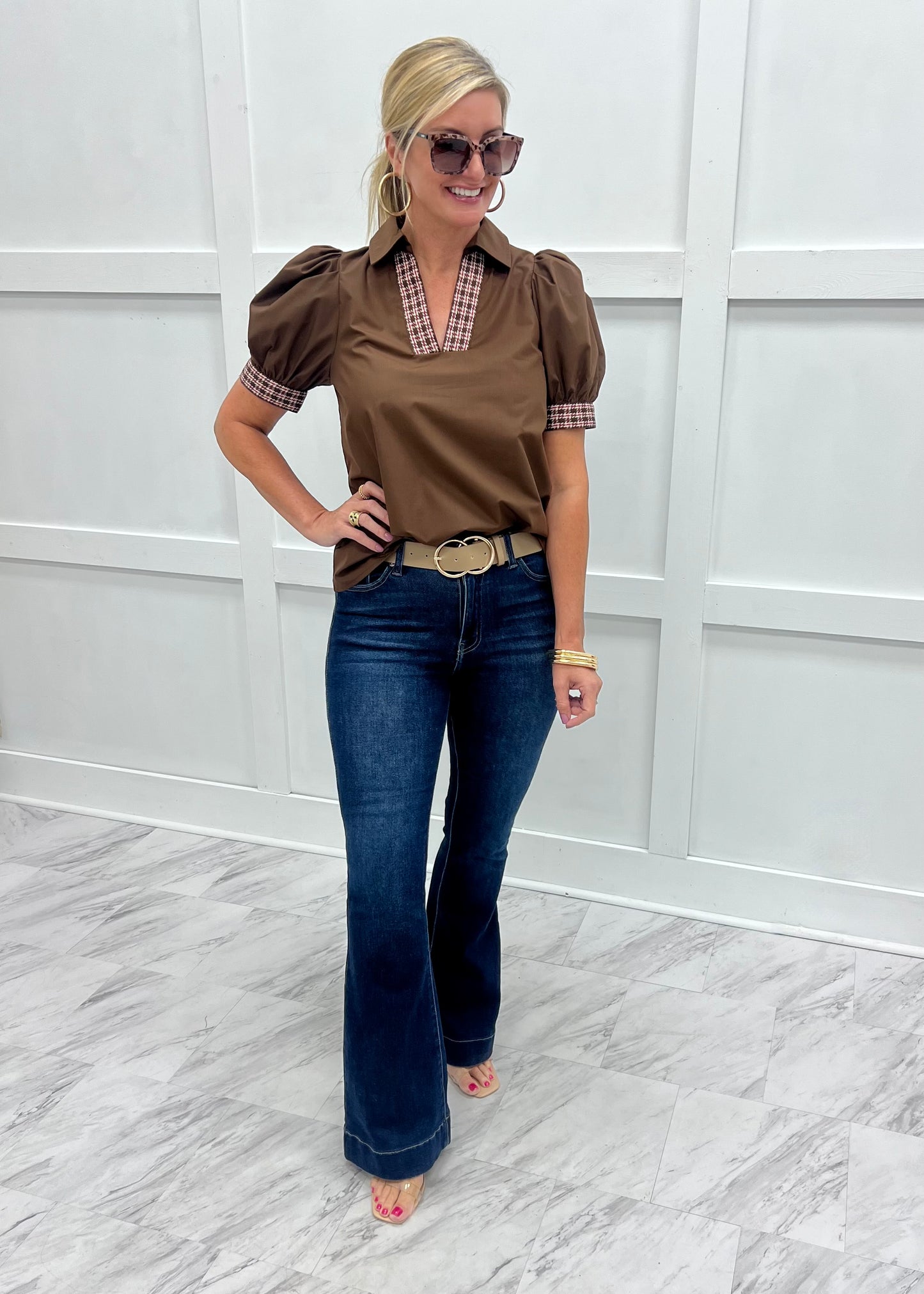Everly Brown Plaid Detail Top