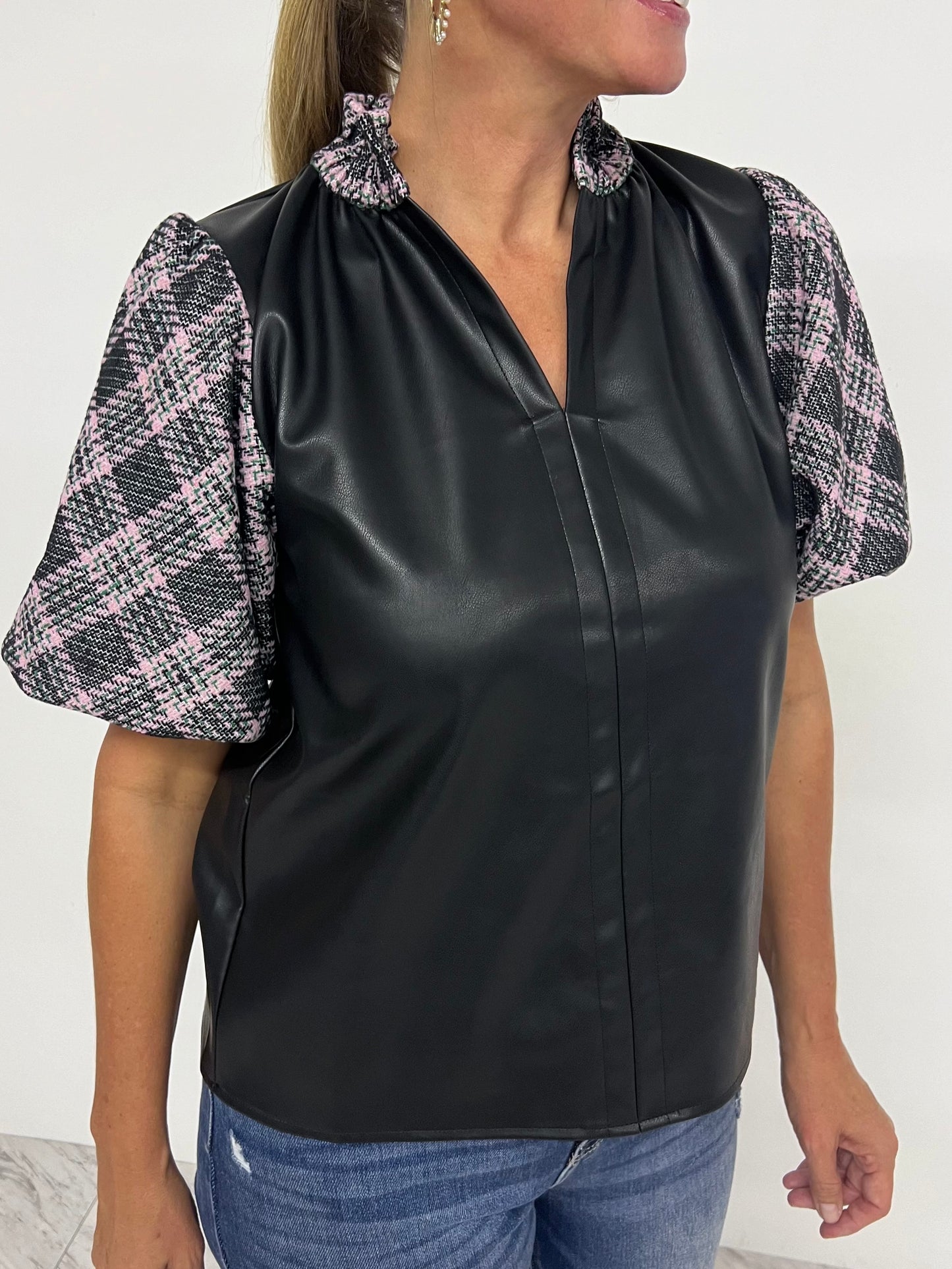 Metropolitan Leather + Plaid Top-FINAL SALE