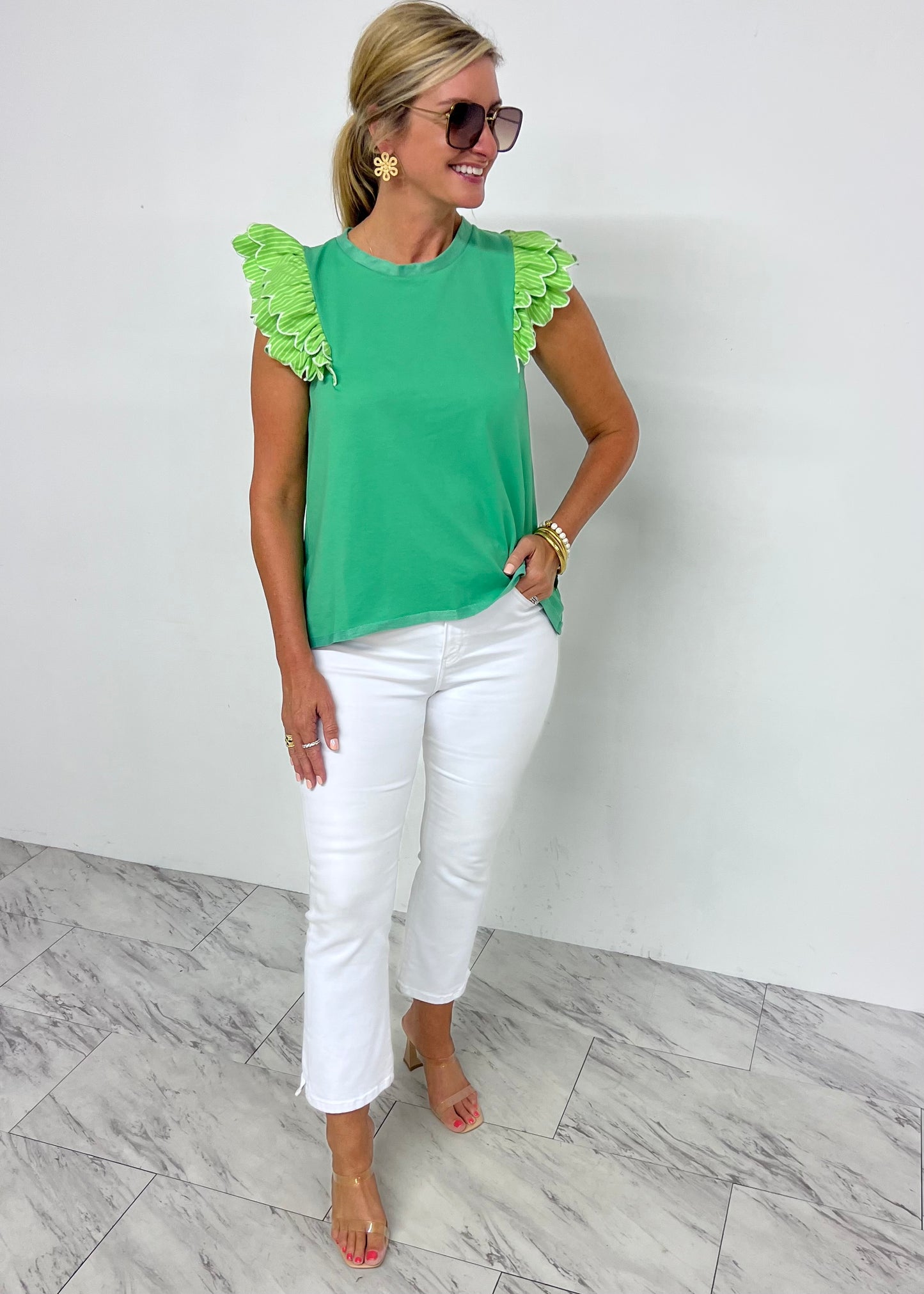 Spritz Scallop + Stripe Top (Green)-FINAL SALE
