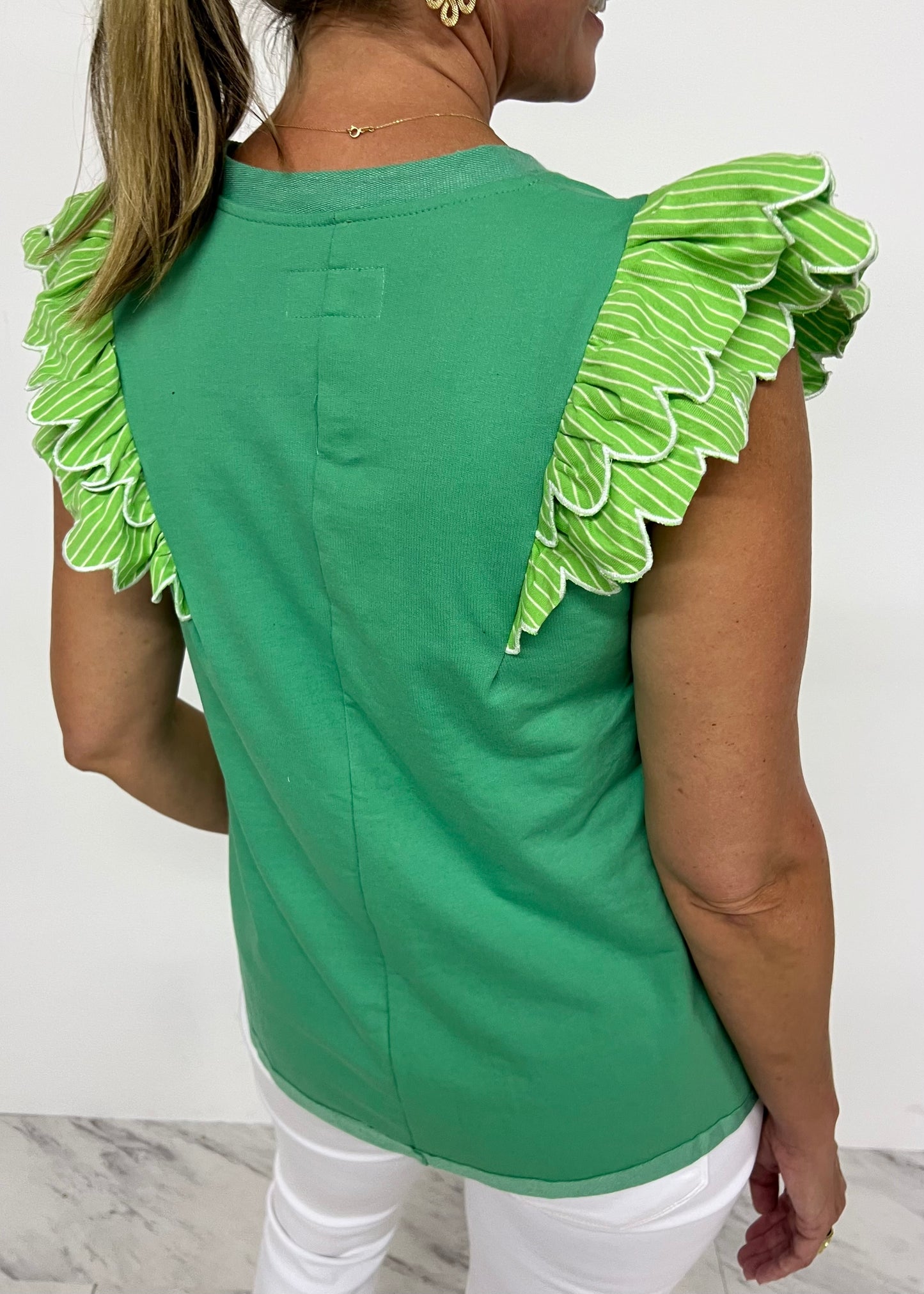 Spritz Scallop + Stripe Top (Green)-FINAL SALE