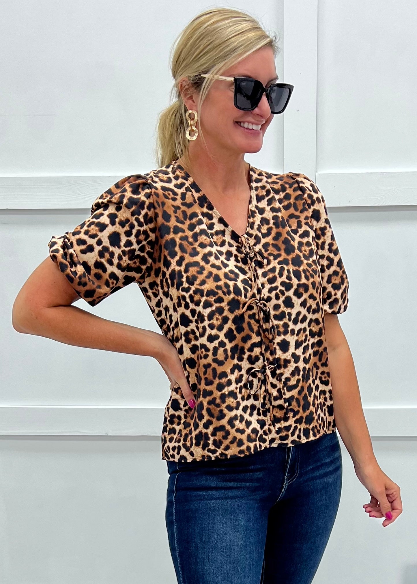 Lainey Leopard Tie Front Top