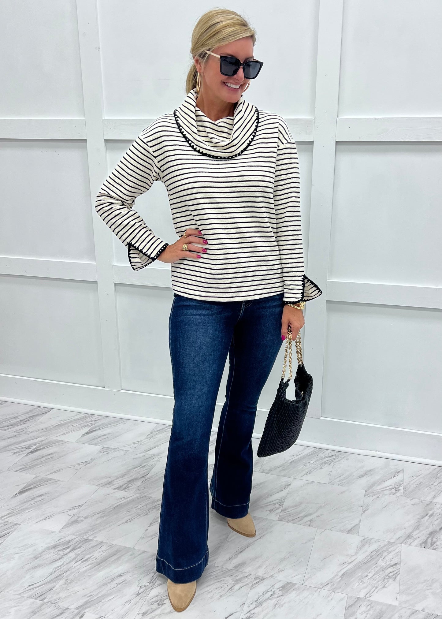 Line By Line Stripe Cowl Neck Top (Ivory)