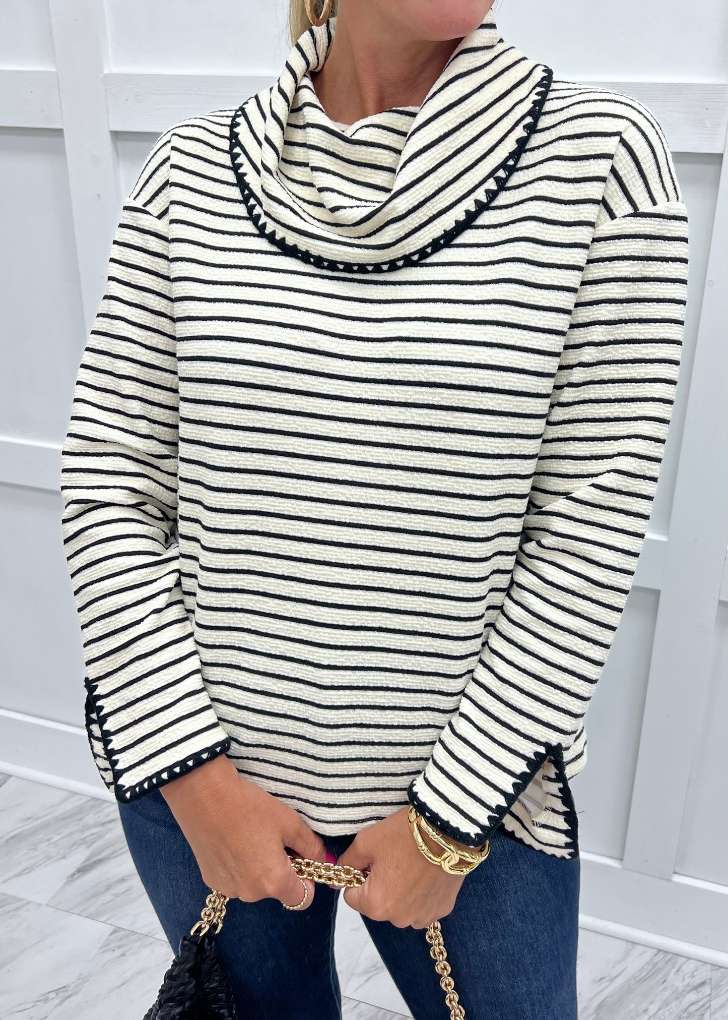 Line By Line Stripe Cowl Neck Top (Ivory)