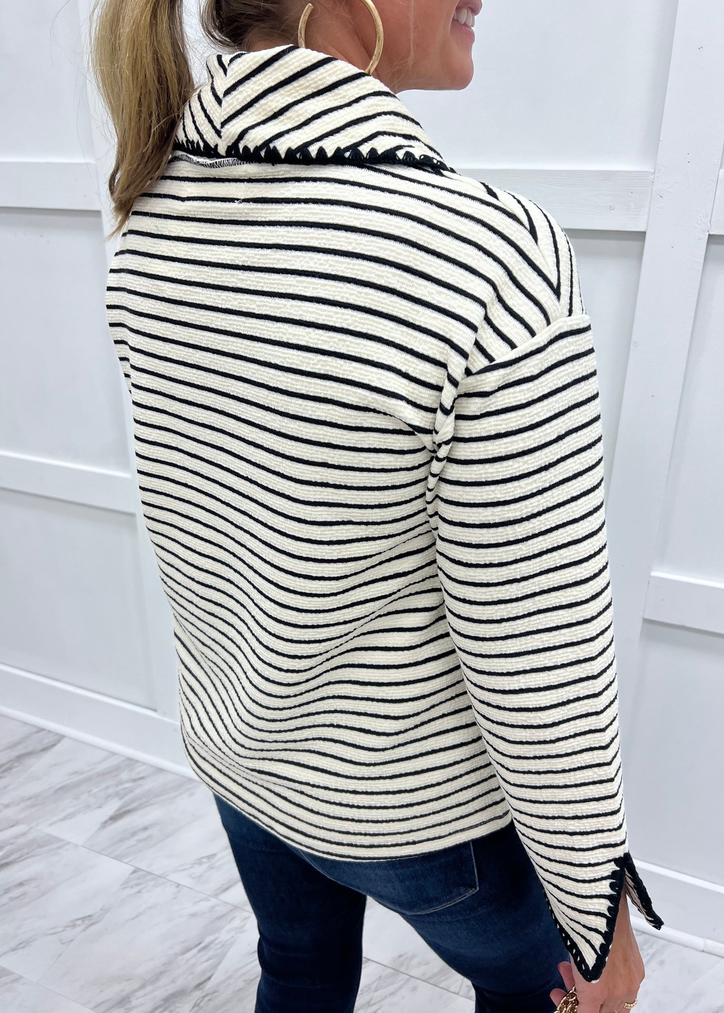 Line By Line Stripe Cowl Neck Top (Ivory)