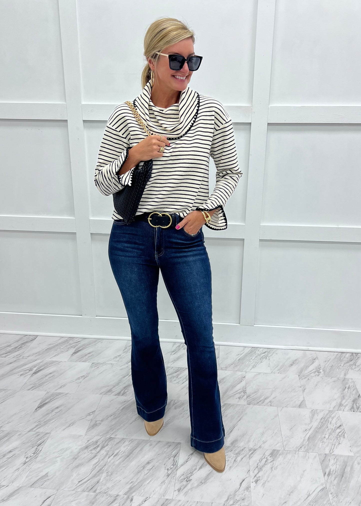Line By Line Stripe Cowl Neck Top (Ivory)