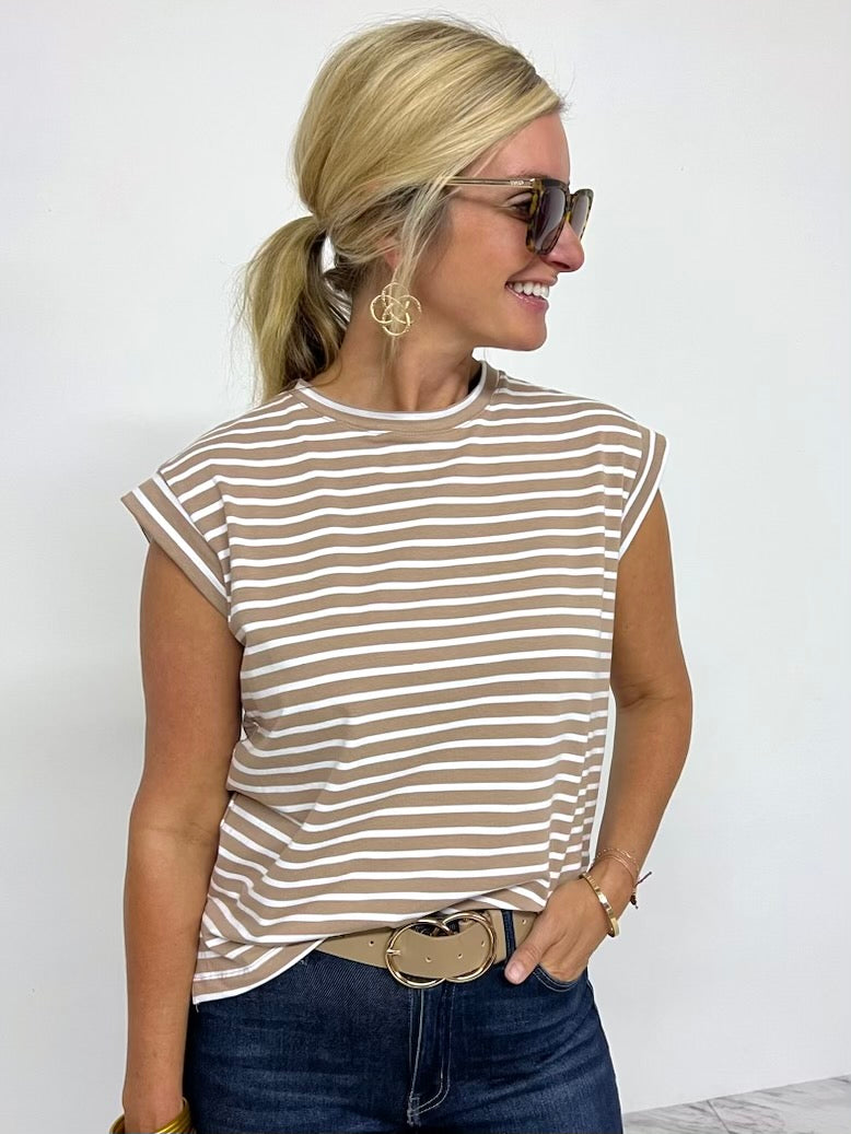 Carson Stripe Short Sleeve Top (Taupe)