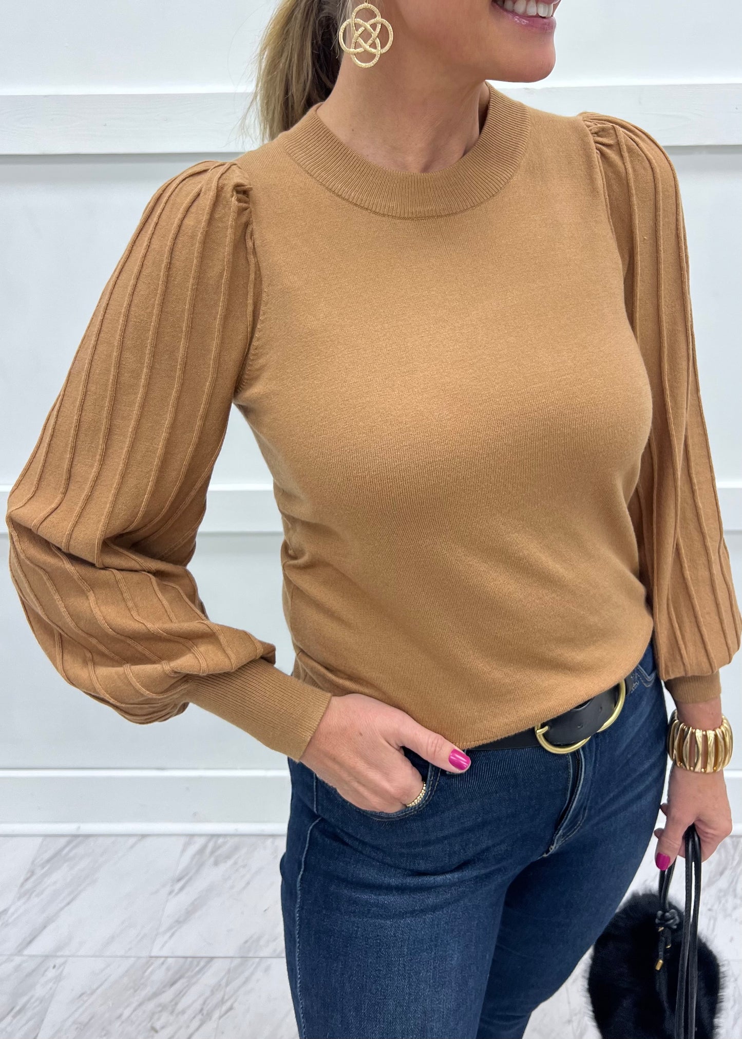 Verona Pleat Sleeve Sweater (Taupe)