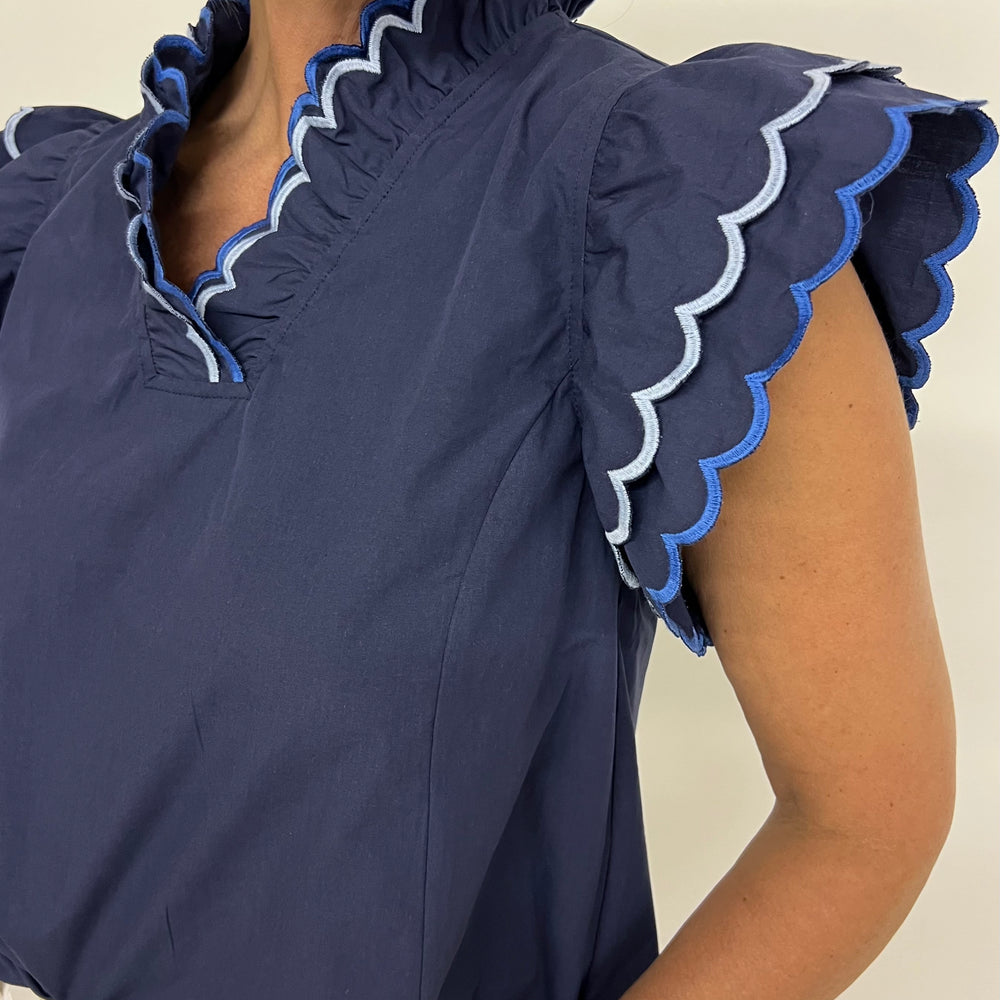 The Harper Navy Scallop Trim Top
