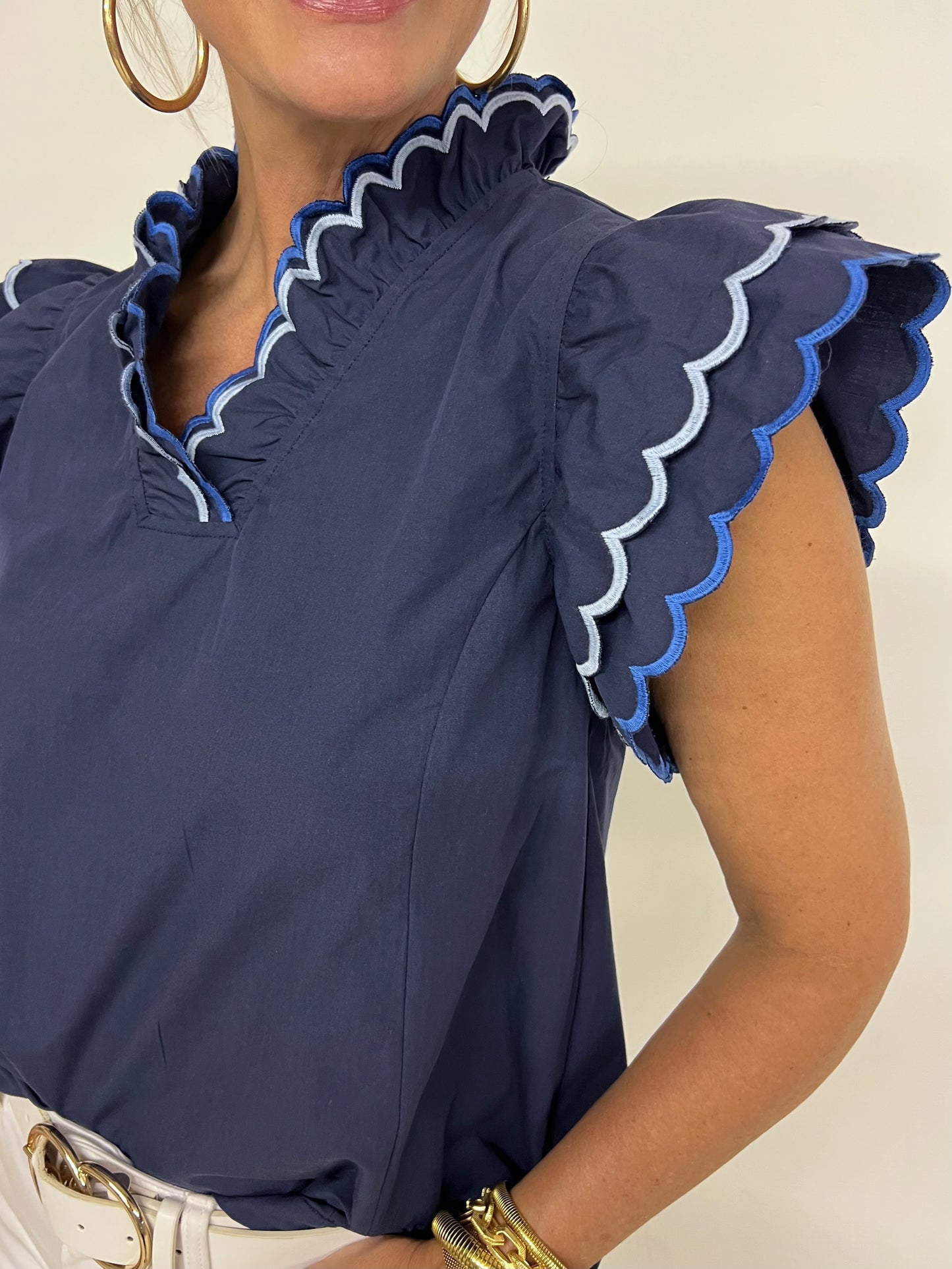 The Harper Navy Scallop Trim Top