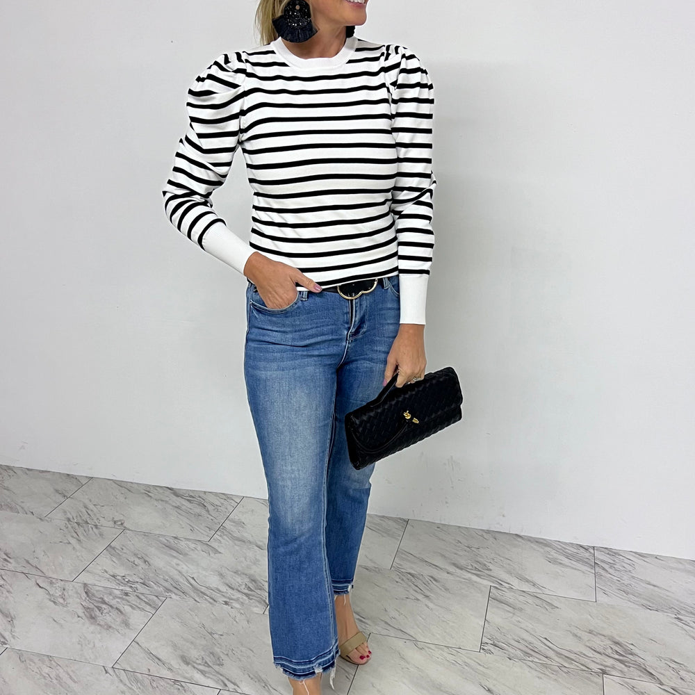 Harrison Stripe Puff Sleeve Sweater (Black)