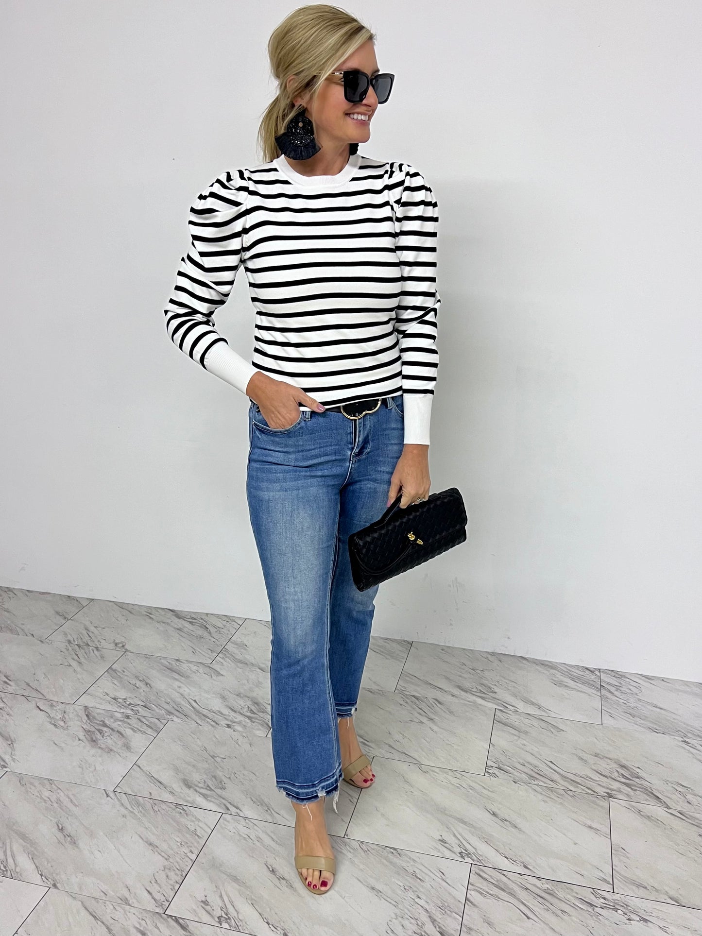 Harrison Stripe Puff Sleeve Sweater (Black)