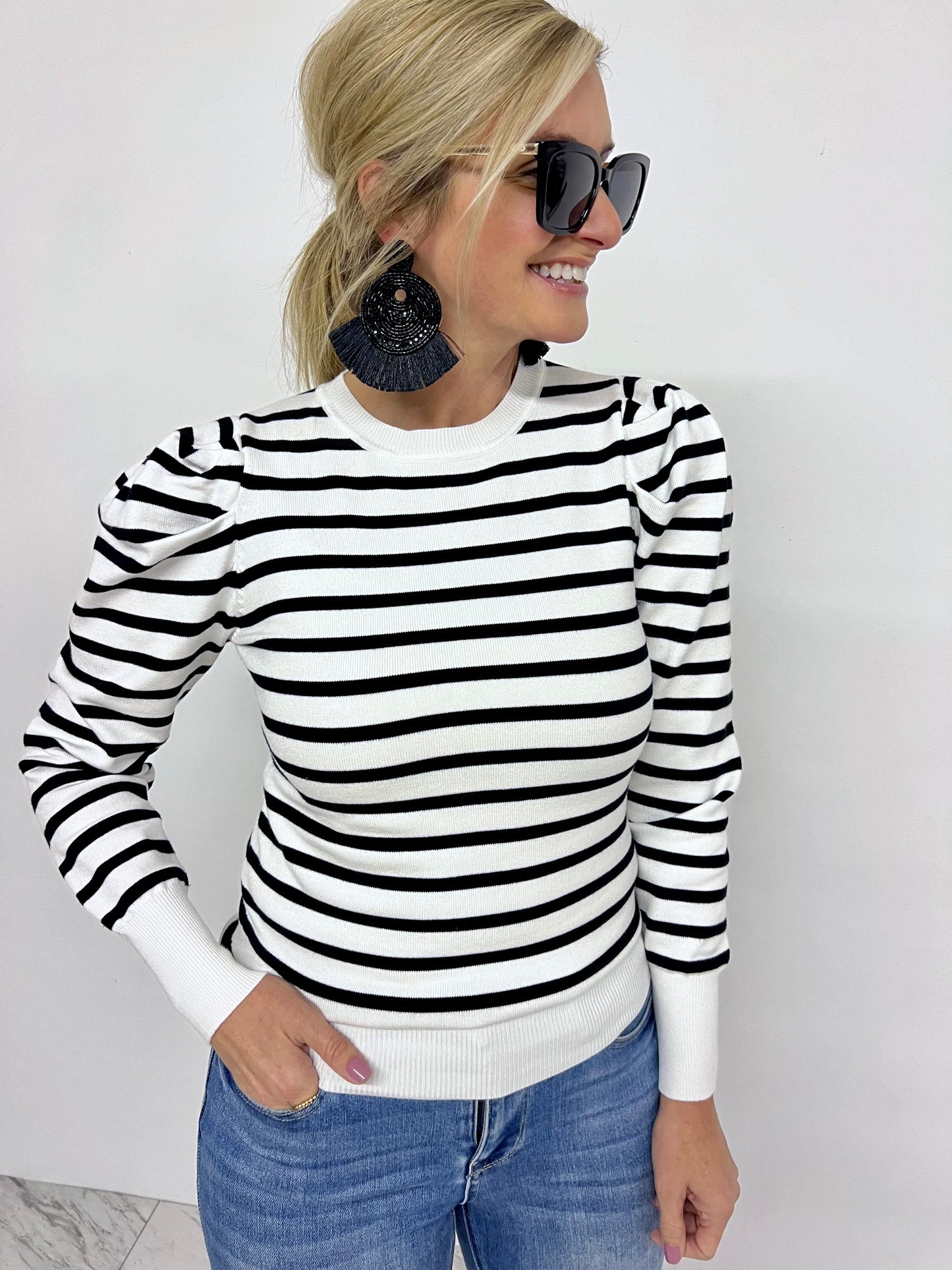 Harrison Stripe Puff Sleeve Sweater (Black)