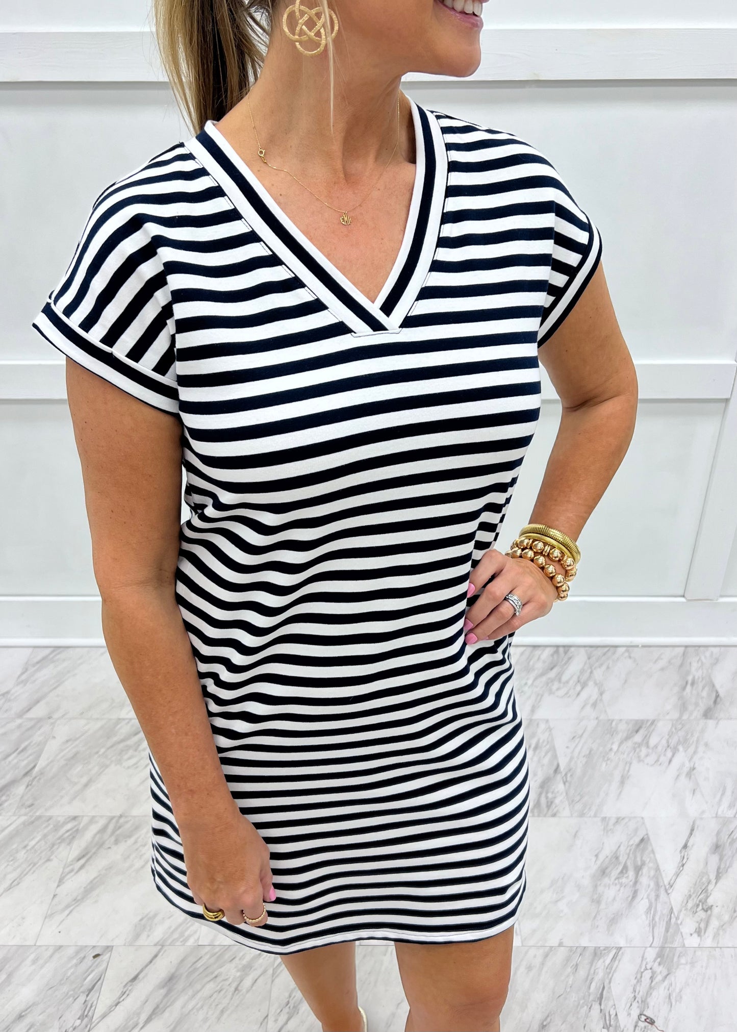 North Navy Blue Stripe V.Neck Dress-FINAL SALE – shop chartreuse