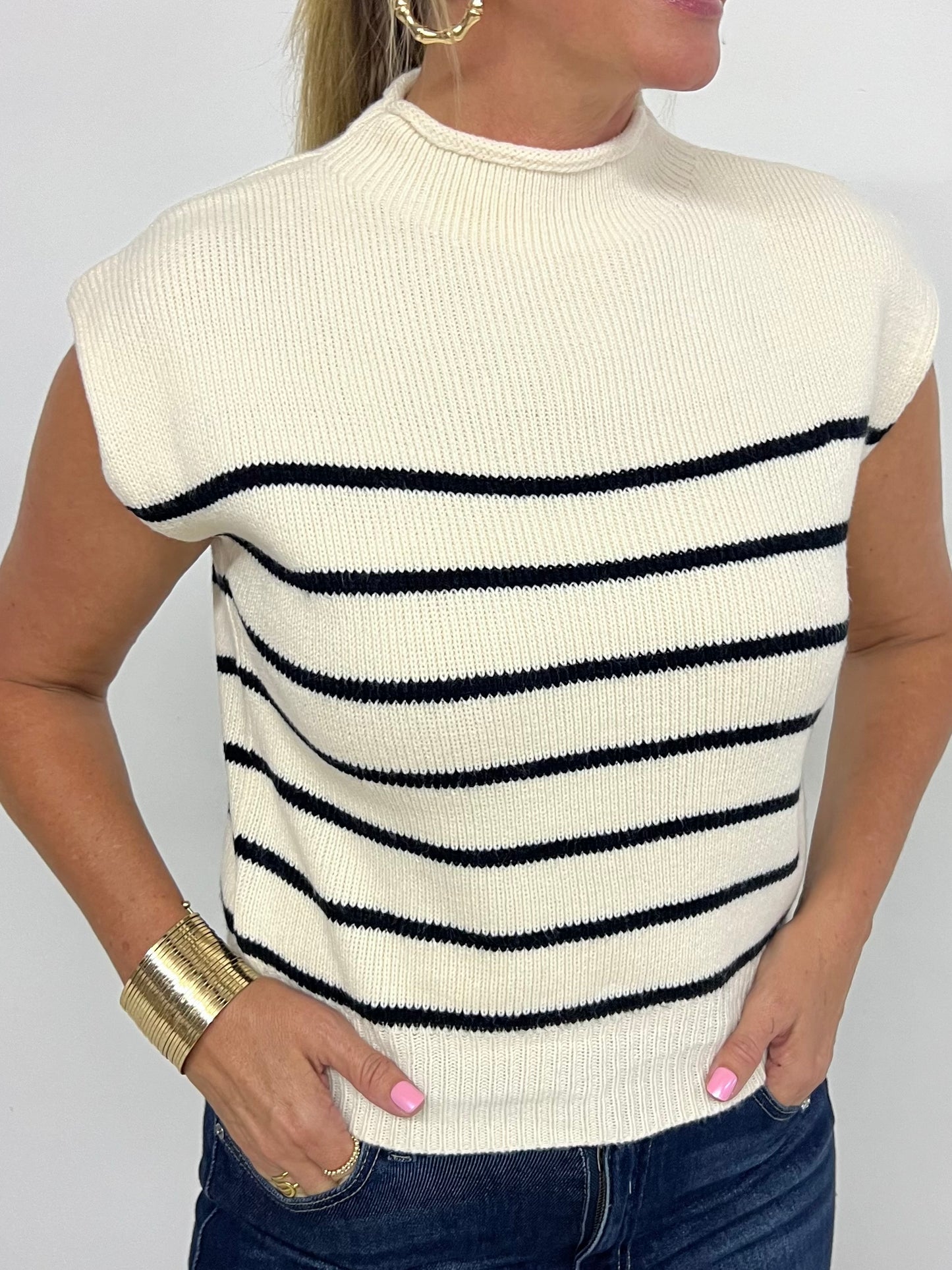 Waldorf Stripe Short Sleeve Sweater (Cream)