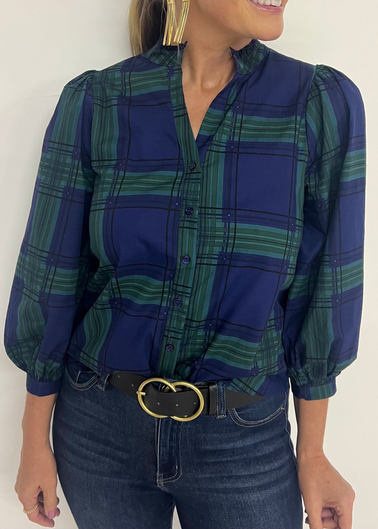 Happy Holiday Plaid + Button Top- FINAL SALE